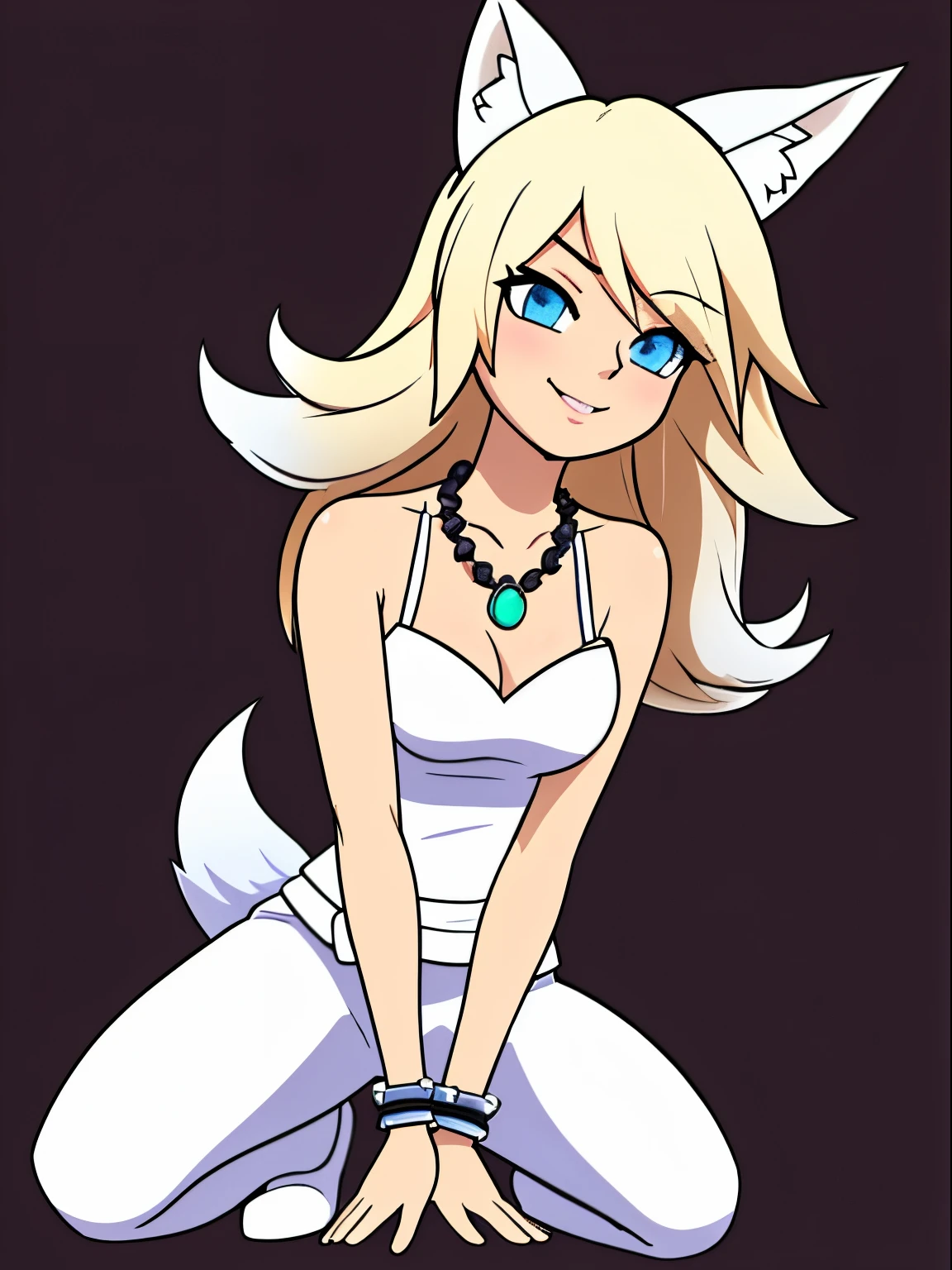 Blonde hair, blue eyes, 1girl, medium breasts, jewelry, long hair, necklace, solo, hair ornament, cleavage, sidelocks, bare shoulders, cloudy night, (white blond Fox ears:1.25), (white blond Fox tail:1.2), revealing clothes, leather Warcraft armor, hair clip, looking at viewer, (action shot, crouching: 1.25) (narrow hips & waist), simple background, dark forest, creek, bracelet, mischievous face, shy smile,