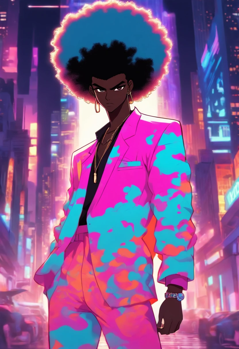 darkskin african male with large afro, 80s city aesthetic, miami vice costume (all white casual suit, black shirt, and white shoes), 80s anime aesthetic
