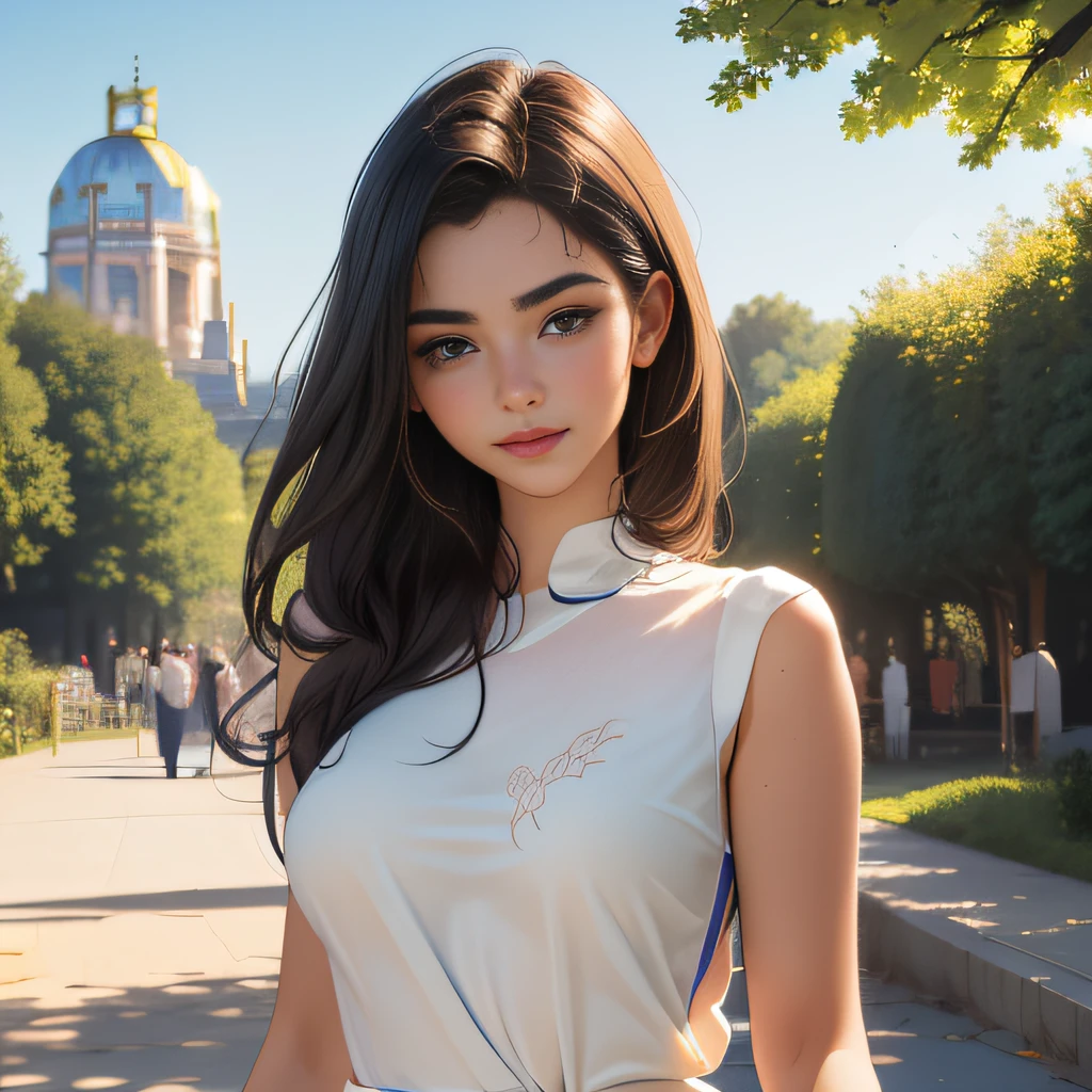 (Extremely detailed 8k wallpaper:2), (photo:2), (26 years old soigne Beautiful girl:2), (gives a lecture to friends:2), detailed (Face and eyes), (hyper realistic:1), (highly detailed:1), (epic realistic:1), rim light, (maximum details:1), cozy, (fullbody:1.3), (looking at viewer:2), (Woman's Attractive Qualities:2), (Attractive Woman:2), (Attractive:2), Smile, Intelligence, Empathy, Gracefulness, Sense of Style, Fitness, Grooming, Optimism, (Sensitivity:2), Sincerity, Romantic Gestures, Playfulness, Fashion Sense, (Sensuality:2), Charm, Modesty, Thoughtfulness, (Femininity:1), Flirtatiousness, Warmth, (Physical attractiveness:2), A beautiful smile, A love of life, strength and power, vulnerability, curiosity, wonder, love, (nature background:2), kawaii, waifu, Beautiful breasts, (attractive body:2), (Beautiful body:2), Beautiful pose, attractive pose, (Beautiful legs:1.0), (Beautiful clothes:1), (classic clothes:2), (elegant clothes:2), (European clothes:2), detailed clothes, (skirt:1), (blouse:1), (provocative pose)