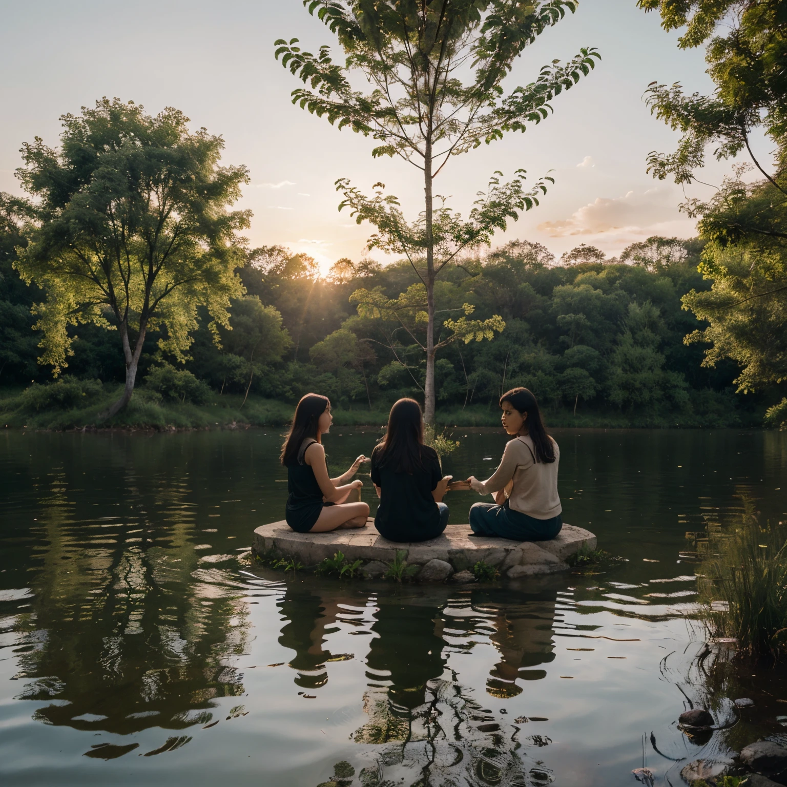 Descreva uma cena com pessoas serenas sentadas na grama observando a paisagem de um lago tranquilo: Imagine um lago cercado por uma paisagem natural exuberante, alto, green trees around. by the lake, a group of people are sitting, their silhouettes reflected in the calm waters. The setting sun paints the sky with soft shades of orange and pink, criando um ambiente tranquilo e relaxante. People are in different postures, with serene expressions. The setting conveys serenity, peace and balance, with an atmosphere of stillness and connection with nature. imagem realista, cinematografic. real