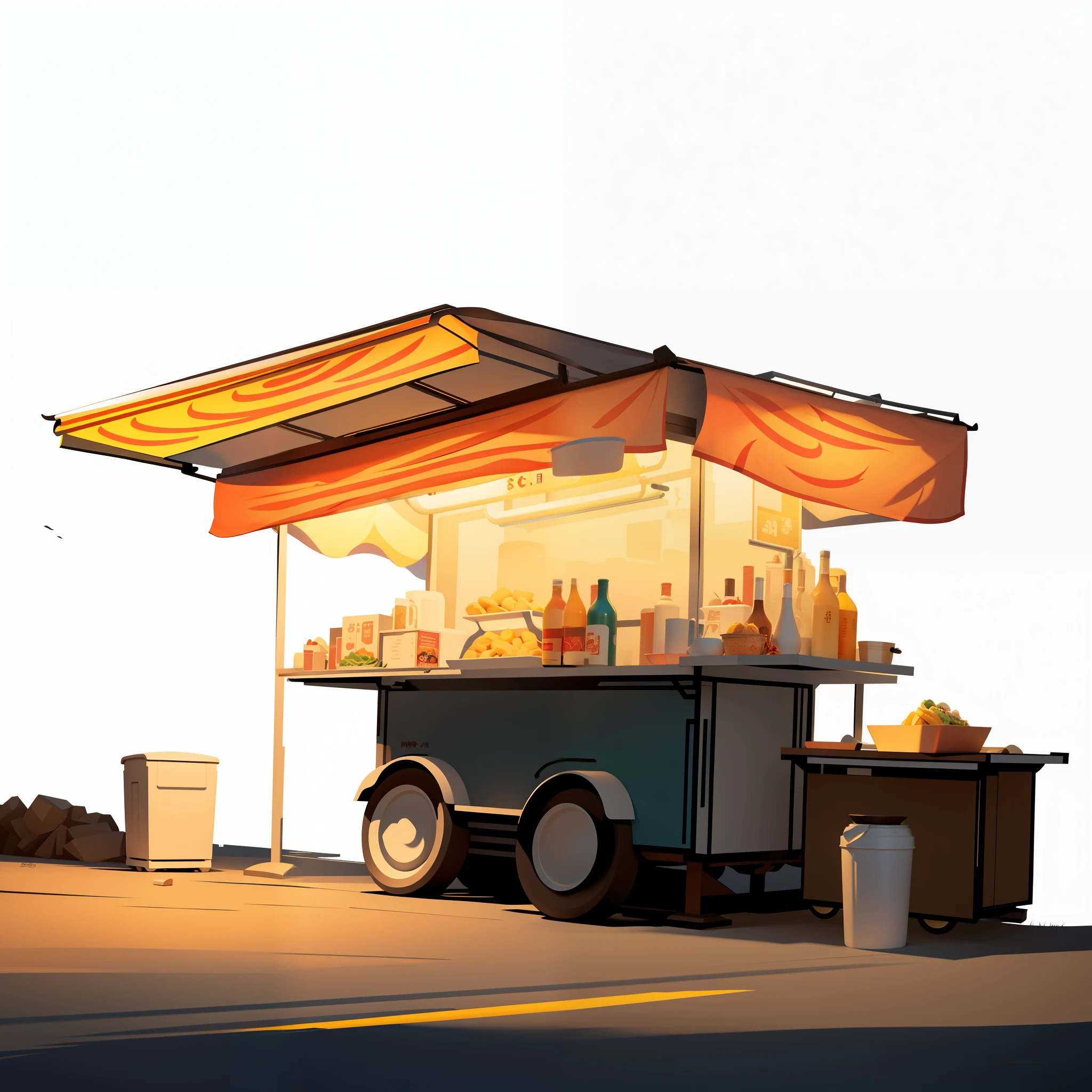 There is a small dining cart，There was a lot of food on it, Commercial illustration, food stall, by Lee Jeon Suk, Stylized digital illustration, concept-art, concept-art, Have spatial depth。With light and dark light and shadow information，The lines are clear