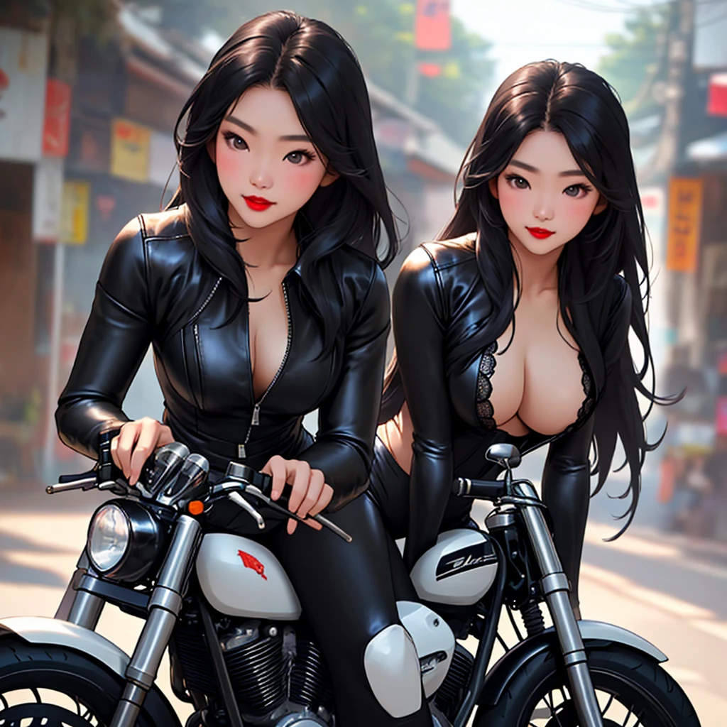 A Thai girl with a beautiful face, a good figure, red lips, long flowing black hair, wearing a tight leather outfit that reveals her breasts. Saw a lace-patterned shirt. Hunched on a motorcycle Realistic Thaistyle