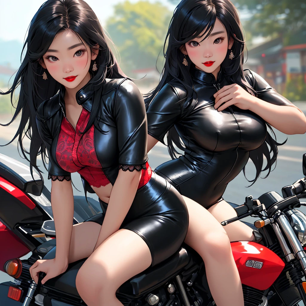 A Thai girl with a beautiful face, a good figure, red lips, long flowing black hair, wearing a tight leather outfit that reveals her breasts. Saw a lace-patterned shirt. Hunched on a motorcycle Realistic Thaistyle