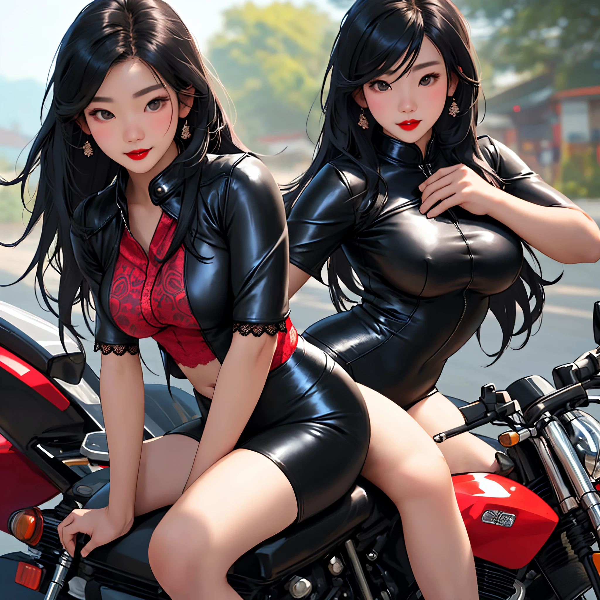 A Thai girl with a beautiful face, a good figure, red lips, long flowing black hair, wearing a tight leather outfit that reveals her breasts. Saw a lace-patterned shirt. Hunched on a motorcycle Realistic Thaistyle