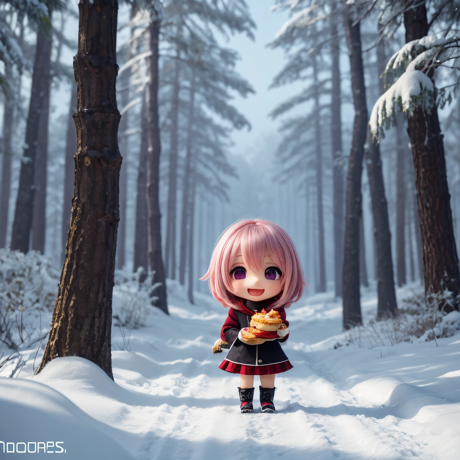 masterpiece、top-quality、ultra-detailliert、(Chibi Chara's Daughter:1.2)、White Bob、wraith、eat kentucky fried chicken、fairy tale winter forest、Standing、Open your mouth and smile、red blush、