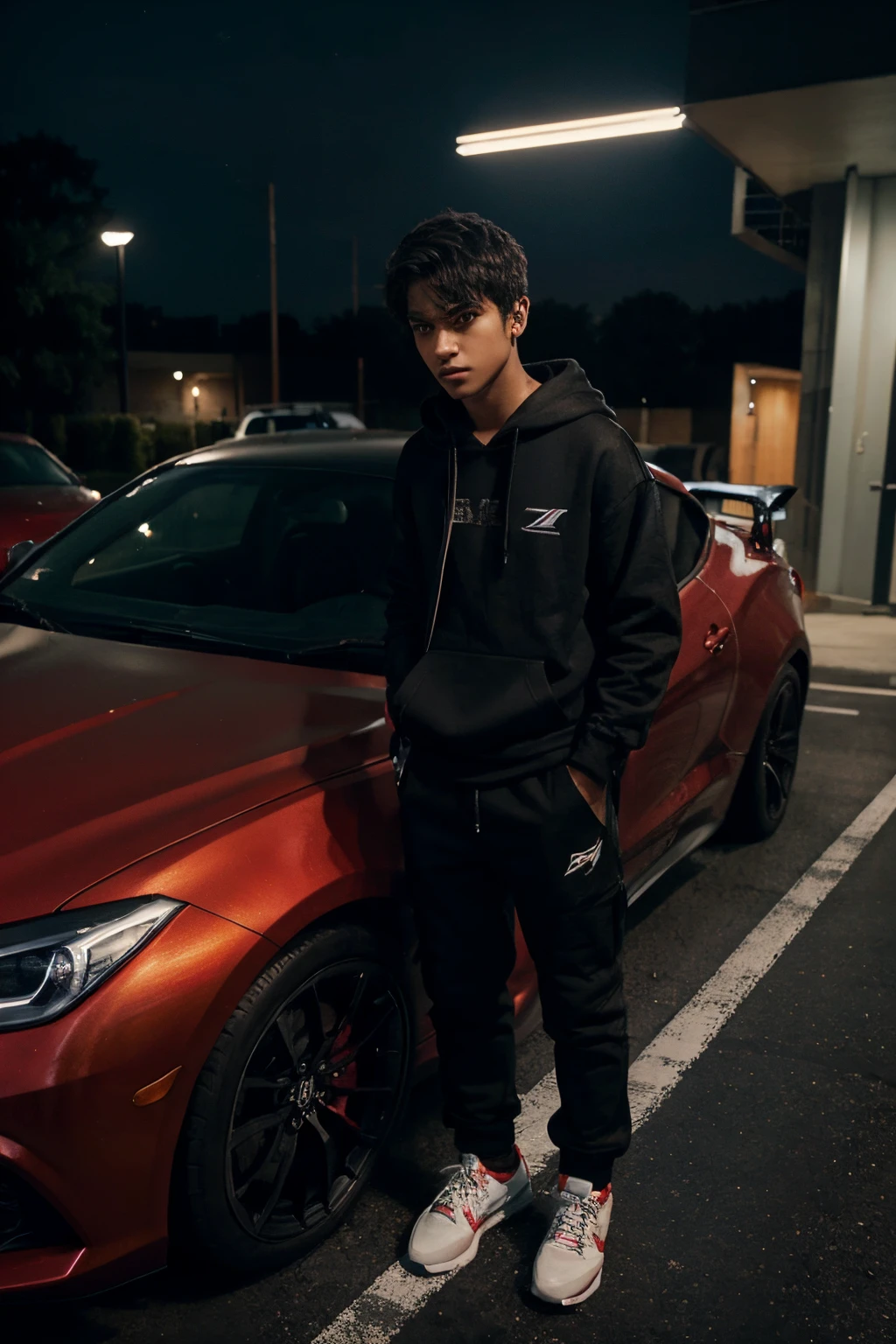 make a boy with hoodies black An individual dramatically opens the door of a red sports car in a night parking lot, envolto em uma atmosfera ao estilo "Velozes e Furiosos", com uma leve neblina ao fundo, adding a touch of mystery and excitement.