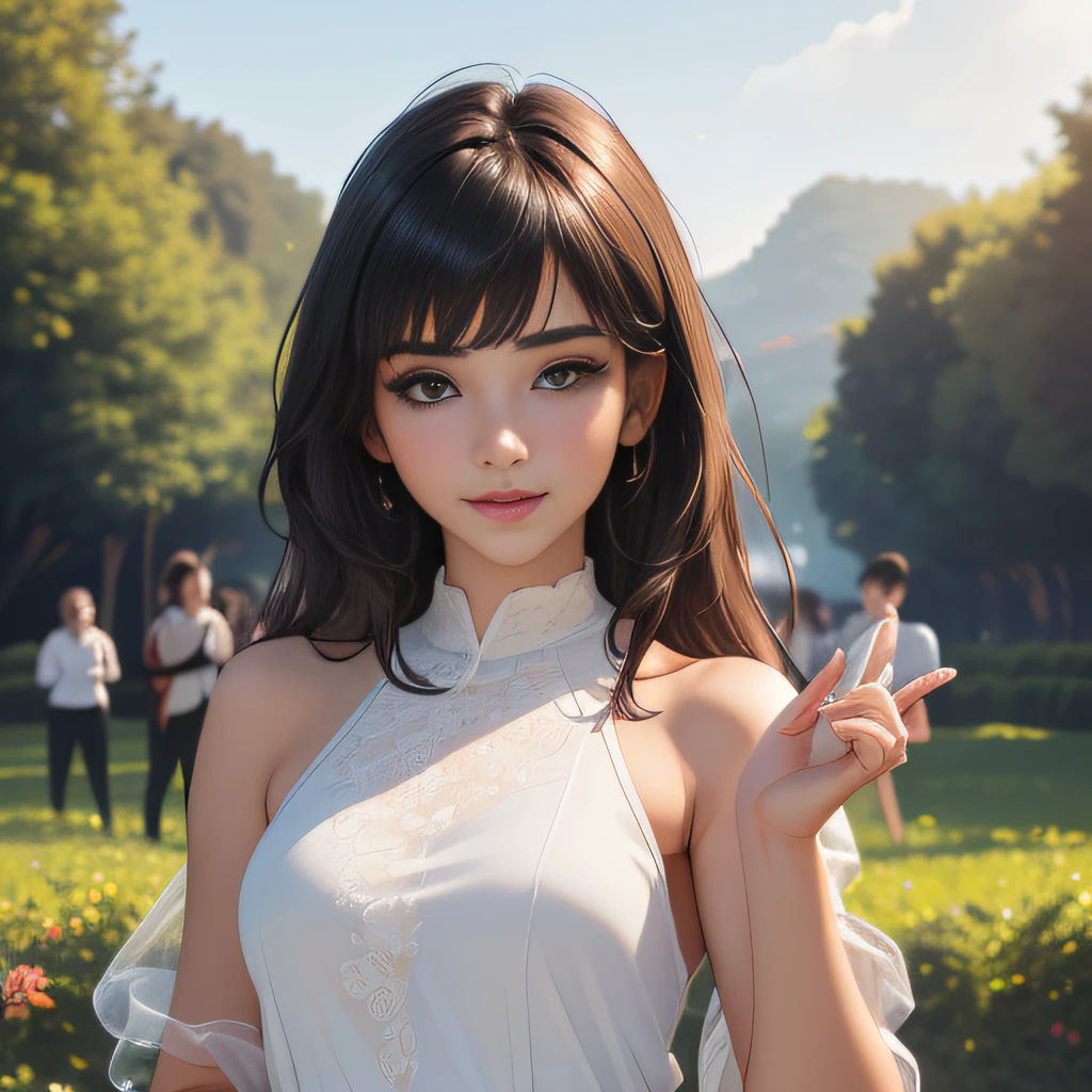 (Extremely detailed 8k wallpaper:2), (photo:2), (26 years old soigne Beautiful girl:2), (gives a lecture to friends:2), detailed (Face and eyes), (hyper realistic:1), (highly detailed:1), (epic realistic:1), rim light, (maximum details:1), cozy, (fullbody:1.3), (looking at viewer:2), (Woman's Attractive Qualities:2), (Attractive Woman:2), (Attractive:2), Smile, Intelligence, Empathy, Gracefulness, Sense of Style, Fitness, Grooming, Optimism, (Sensitivity:2), Sincerity, Romantic Gestures, Playfulness, Fashion Sense, (Sensuality:2), Charm, Modesty, Thoughtfulness, (Femininity:1), Flirtatiousness, Warmth, (Physical attractiveness:2), A beautiful smile, A love of life, strength and power, vulnerability, curiosity, wonder, love, (nature background:2), kawaii, waifu, Beautiful breasts, (attractive body:2), (Beautiful body:2), Beautiful pose, attractive pose, (Beautiful legs:1.0), (Beautiful clothes:1), (classic clothes:2), (elegant clothes:2), (European clothes:2), detailed clothes, (skirt:1), (blouse:1), (provocative pose)