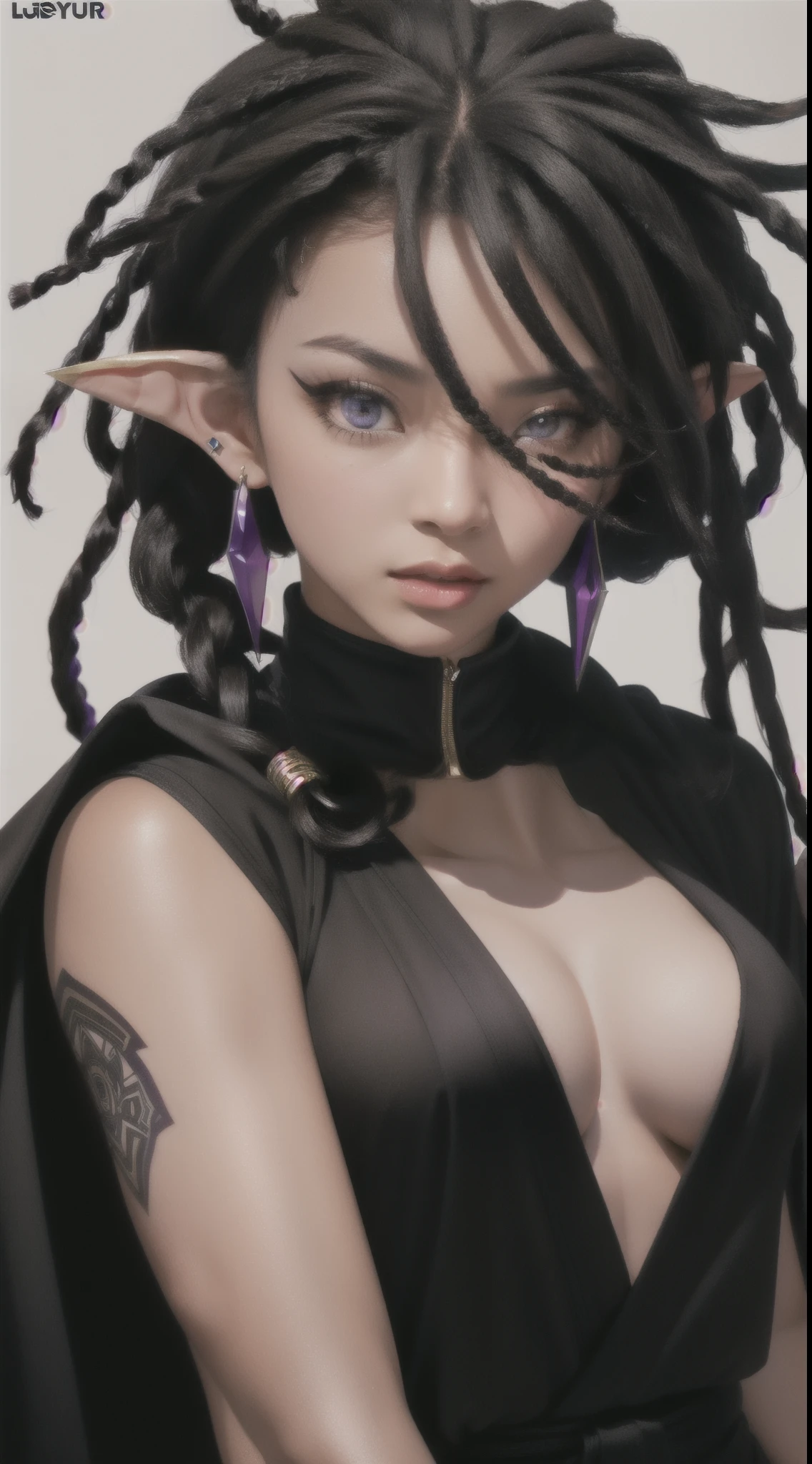 (Portrait) of an (African-American) female, with dark (black dreadlocks), purple eyes, dark (brown skin), (pointed ears), (slutty assassin), sexy black robe, (lust) demon, (medium shot), perfect composition, hyper-detailed, 8K, high quality, (perfect eyes), trending art, sharp focus, studio photo, intricate details, (Pin-up) pose