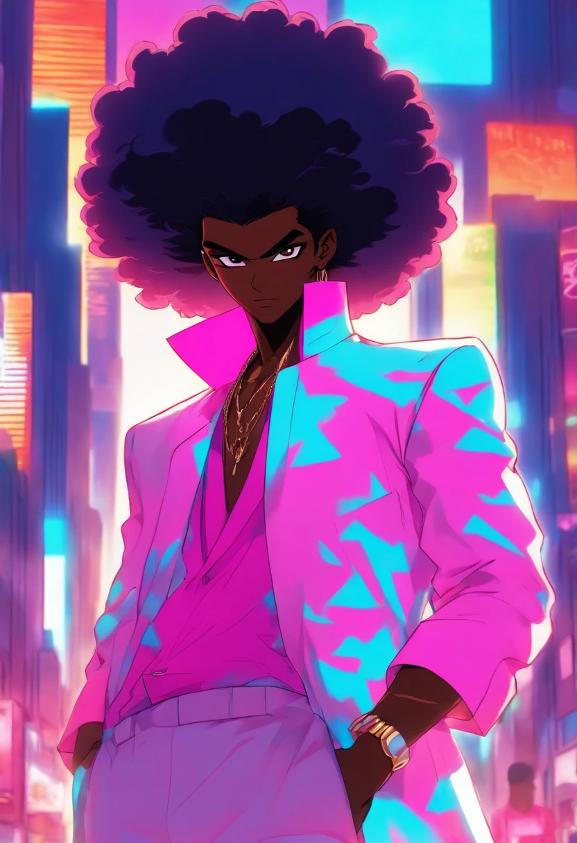 darkskin african male with large afro, 70s city aesthetic, miami vice costume (all white casual suit, black shirt, and white shoes), 70s anime aesthetic