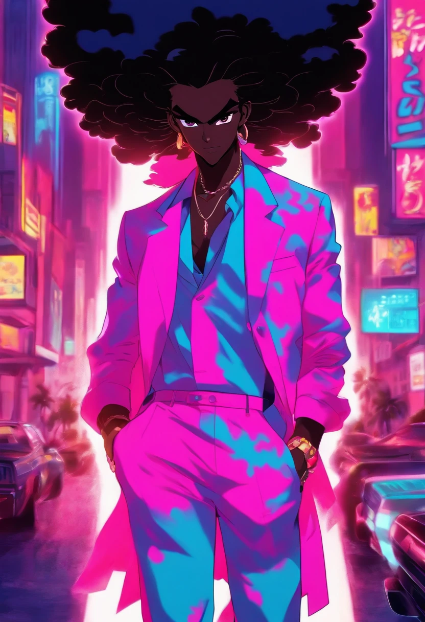 darkskin african male with large afro, 70s city aesthetic, miami vice costume (all white casual suit, black shirt, and white shoes), 70s anime aesthetic