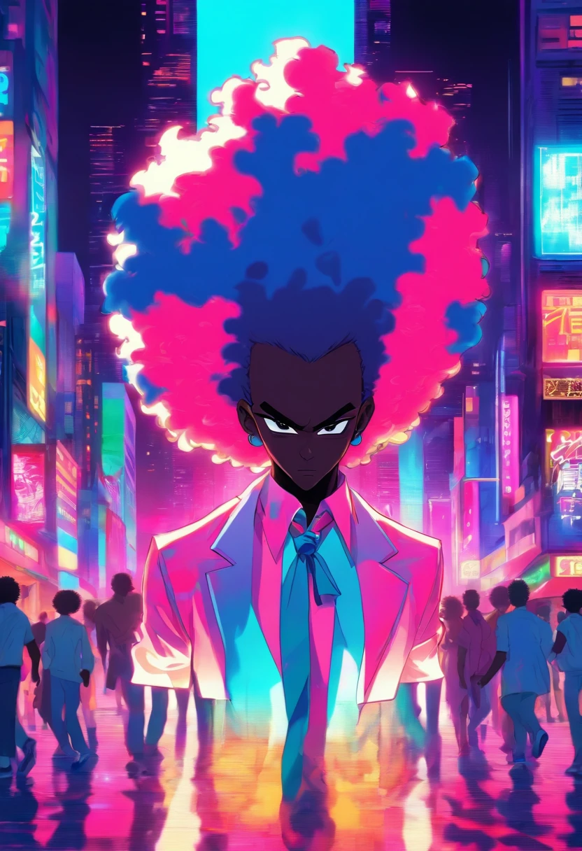 darkskin african male with large afro, 70s city aesthetic, miami vice costume (all white casual suit, black shirt, and white shoes), 70s anime aesthetic