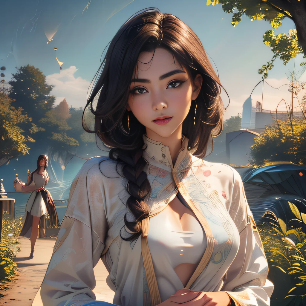 (Extremely detailed 8k wallpaper:2), (photo:2), (26 years old soigne Beautiful girl:2), (gives a lecture to friends:2), detailed (Face and eyes), (hyper realistic:1), (highly detailed:1), (epic realistic:1), rim light, (maximum details:1), cozy, (fullbody:1.3), (looking at viewer:2), (Woman's Attractive Qualities:2), (Attractive Woman:2), (Attractive:2), Smile, Intelligence, Empathy, Gracefulness, Sense of Style, Fitness, Grooming, Optimism, (Sensitivity:2), Sincerity, Romantic Gestures, Playfulness, Fashion Sense, (Sensuality:2), Charm, Modesty, Thoughtfulness, (Femininity:1), Flirtatiousness, Warmth, (Physical attractiveness:2), A beautiful smile, A love of life, strength and power, vulnerability, curiosity, wonder, love, (nature background:2), kawaii, waifu, Beautiful breasts, (attractive body:2), (Beautiful body:2), Beautiful pose, attractive pose, (Beautiful legs:1.0), (Beautiful clothes:1), (classic clothes:2), (elegant clothes:2), (European clothes:2), detailed clothes, (skirt:1), (blouse:1), (provocative pose)