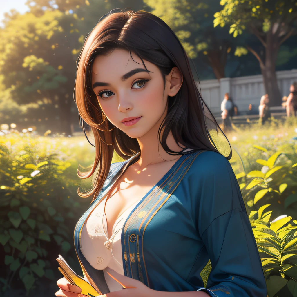 (Extremely detailed 8k wallpaper:2), (photo:2), (26 years old soigne Beautiful girl:2), (gives a lecture to friends:2), detailed (Face and eyes), (hyper realistic:1), (highly detailed:1), (epic realistic:1), rim light, (maximum details:1), cozy, (fullbody:1.3), (looking at viewer:2), (Woman's Attractive Qualities:2), (Attractive Woman:2), (Attractive:2), Smile, Intelligence, Empathy, Gracefulness, Sense of Style, Fitness, Grooming, Optimism, (Sensitivity:2), Sincerity, Romantic Gestures, Playfulness, Fashion Sense, (Sensuality:2), Charm, Modesty, Thoughtfulness, (Femininity:1), Flirtatiousness, Warmth, (Physical attractiveness:2), A beautiful smile, A love of life, strength and power, vulnerability, curiosity, wonder, love, (nature background:2), kawaii, waifu, Beautiful breasts, (attractive body:2), (Beautiful body:2), Beautiful pose, attractive pose, (Beautiful legs:1.0), (Beautiful clothes:1), (classic clothes:2), (elegant clothes:2), (European clothes:2), detailed clothes, (skirt:1), (blouse:1), (provocative pose)