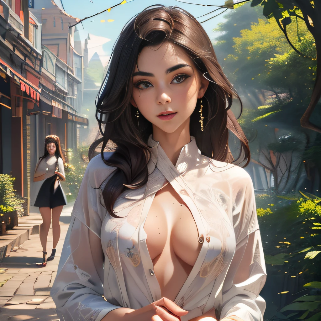 (Extremely detailed 8k wallpaper:2), (photo:2), (26 years old soigne Beautiful girl:2), (gives a lecture to friends:2), detailed (Face and eyes), (hyper realistic:1), (highly detailed:1), (epic realistic:1), rim light, (maximum details:1), cozy, (fullbody:1.3), (looking at viewer:2), (Woman's Attractive Qualities:2), (Attractive Woman:2), (Attractive:2), Smile, Intelligence, Empathy, Gracefulness, Sense of Style, Fitness, Grooming, Optimism, (Sensitivity:2), Sincerity, Romantic Gestures, Playfulness, Fashion Sense, (Sensuality:2), Charm, Modesty, Thoughtfulness, (Femininity:1), Flirtatiousness, Warmth, (Physical attractiveness:2), A beautiful smile, A love of life, strength and power, vulnerability, curiosity, wonder, love, (nature background:2), kawaii, waifu, Beautiful breasts, (attractive body:2), (Beautiful body:2), Beautiful pose, attractive pose, (Beautiful legs:1.0), (Beautiful clothes:1), (classic clothes:2), (elegant clothes:2), (European clothes:2), detailed clothes, (skirt:1), (blouse:1), (provocative pose)