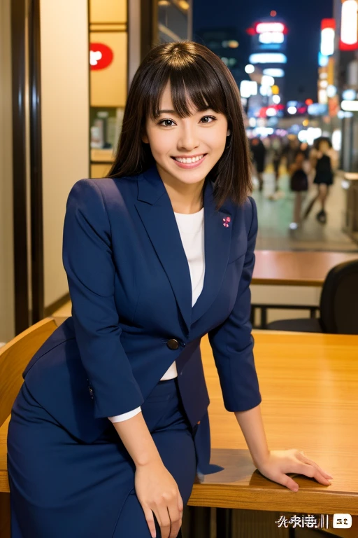 full body Esbian　Officelady　nighttime scene　japanes　Happy expression　The face is also detailed