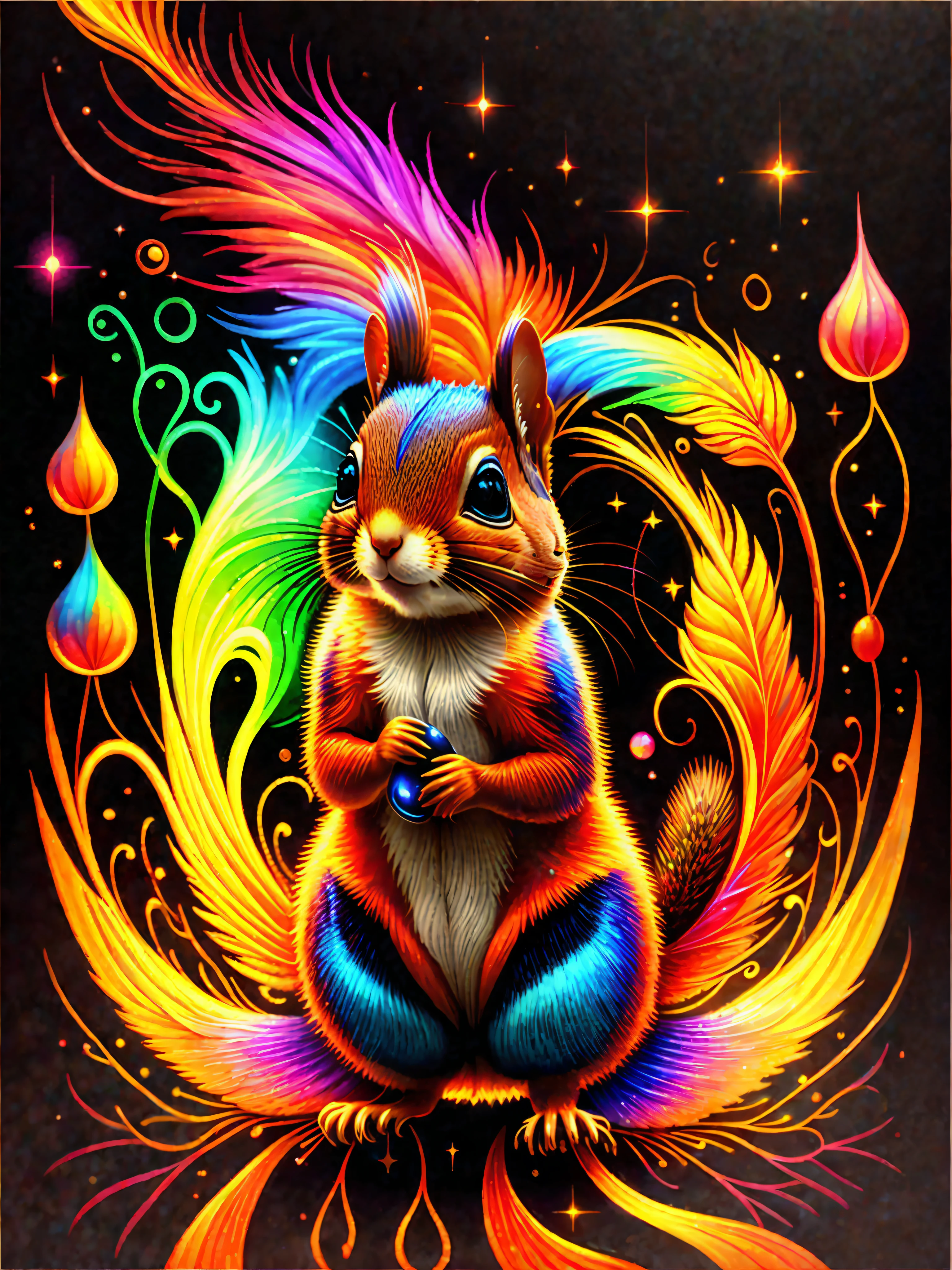 a painting of a colorful squirrel on a black background,, breathtaking rendering, within a radiant connection, inspired by Kinuko Y. Craft,, magical elements, kitten icon, wow, is beautiful, casting a multi colorful spell, bright flash, flash