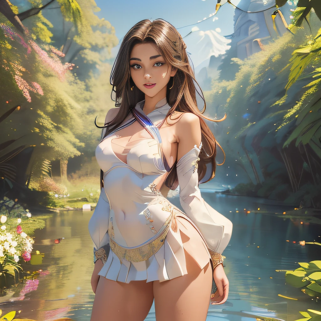 (Extremely detailed 8k wallpaper:2), (photo:2), (26 years old soigne Beautiful girl:2), (gives a lecture to friends:2), detailed (Face and eyes), (hyper realistic:1), (highly detailed:1), (epic realistic:1), rim light, (maximum details:1), cozy, (fullbody:1.3), (looking at viewer:2), (Woman's Attractive Qualities:2), (Attractive Woman:2), (Attractive:2), Smile, Intelligence, Empathy, Gracefulness, Sense of Style, Fitness, Grooming, Optimism, (Sensitivity:2), Sincerity, Romantic Gestures, Playfulness, Fashion Sense, (Sensuality:2), Charm, Modesty, Thoughtfulness, (Femininity:1), Flirtatiousness, Warmth, (Physical attractiveness:2), A beautiful smile, A love of life, strength and power, vulnerability, curiosity, wonder, love, (nature background:2), kawaii, waifu, Beautiful breasts, (attractive body:2), (Beautiful body:2), Beautiful pose, attractive pose, (Beautiful legs:1.0), (Beautiful clothes:1), (classic clothes:2), (elegant clothes:2), (European clothes:2), detailed clothes, (skirt:1), (blouse:1), (provocative pose)