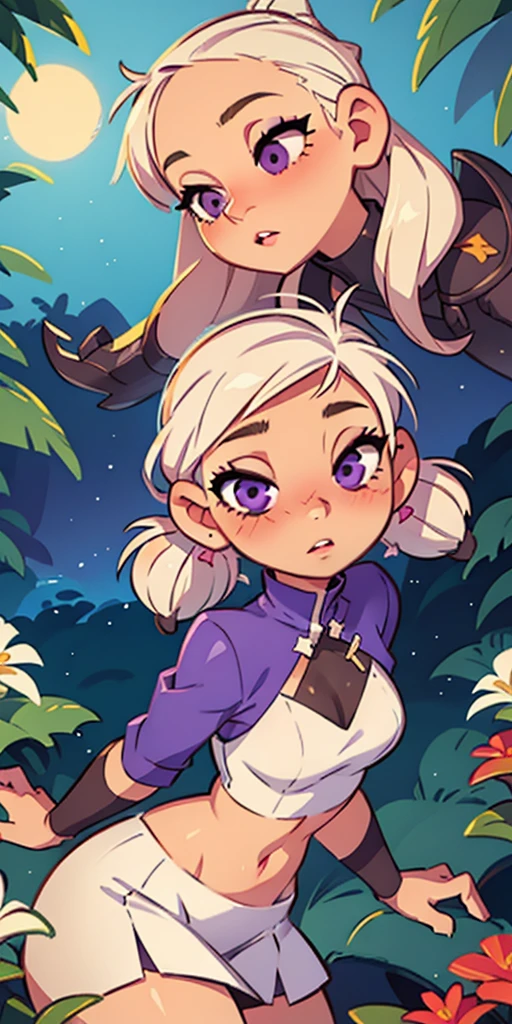 realistic, 1girl, white hair, purple eyes, glowing eyes, crop top, skirt, parted lips, blush, night, flowers, sun, sunlight,