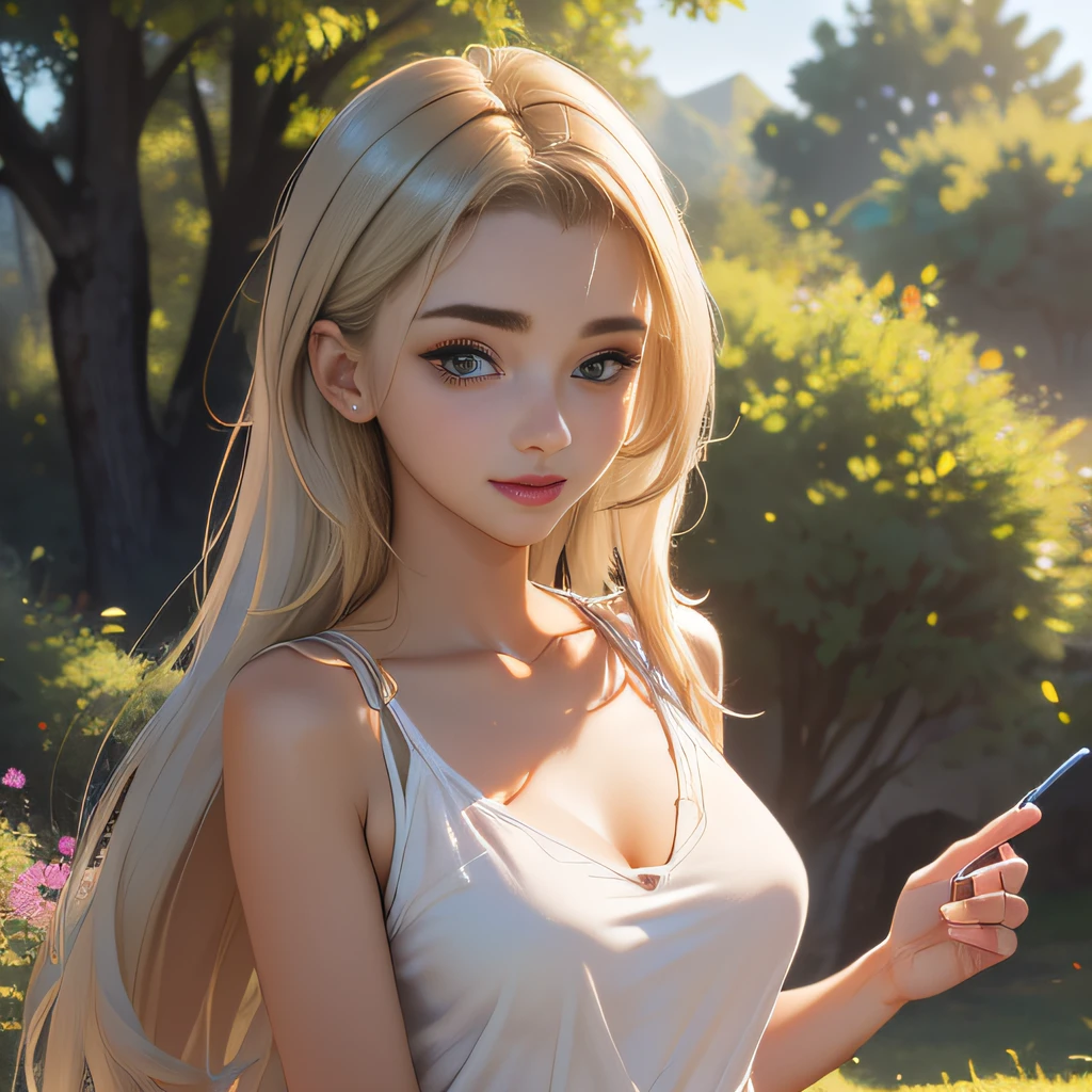 (Extremely detailed 8k wallpaper:2), (photo:2), (26 years old soigne Beautiful girl:2), (gives a lecture to friends:2), detailed (Face and eyes), (hyper realistic:1), (highly detailed:1), (epic realistic:1), rim light, (maximum details:1), cozy, (fullbody:1.3), (looking at viewer:2), (Woman's Attractive Qualities:2), (Attractive Woman:2), (Attractive:2), Smile, Intelligence, Empathy, Gracefulness, Sense of Style, Fitness, Grooming, Optimism, (Sensitivity:2), Sincerity, Romantic Gestures, Playfulness, Fashion Sense, (Sensuality:2), Charm, Modesty, Thoughtfulness, (Femininity:1), Flirtatiousness, Warmth, (Physical attractiveness:2), A beautiful smile, A love of life, strength and power, vulnerability, curiosity, wonder, love, (nature background:2), kawaii, waifu, Beautiful breasts, (attractive body:2), (Beautiful body:2), Beautiful pose, attractive pose, (Beautiful legs:1.0), (Beautiful clothes:1), (classic clothes:2), (elegant clothes:2), (European clothes:2), detailed clothes, (skirt:1), (blouse:1), (provocative pose)