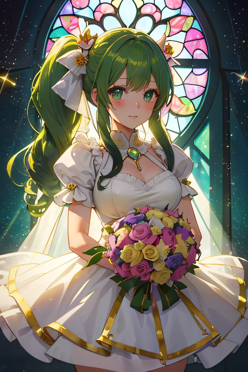 tchibi, (nendoroid), ((worst quality, low-quality)), ((banya, Cow Kenomimi girl)), Solo, (Bride Costume), (((Longhaire, poneyTail, Green hair,):1.3)), (Big breasts), Hair over one eye, plump shiny lips, Beautiful clear eyes, Spoken Heart, Leaning forward, (Dynamic Pose:1.2), (((Beautiful colorful flowers, 1 large bouquet,Hold it with both hands:1.2))), Confetti, (Stained glass window background), ((Shining sunlight)), (opal), (light Particle, light glow, llight rays:1.4), masutepiece,Best Quality,ultra-detailliert,