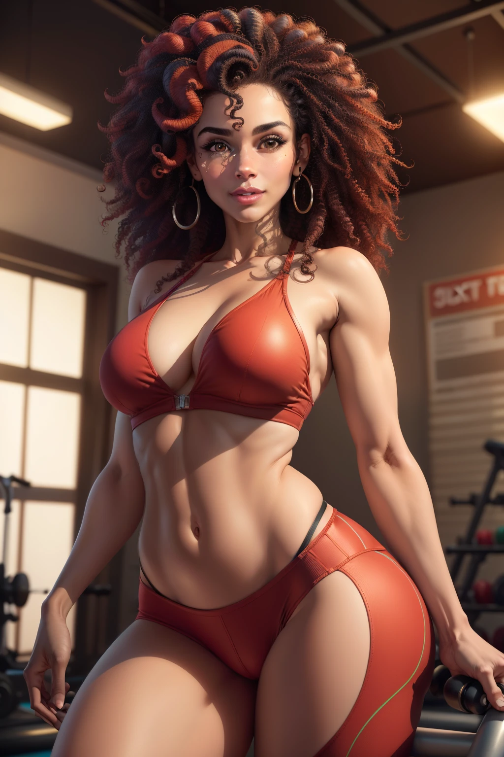(best quality,highres), (realistic:1.37), detailed face, detailed curly hair, Brazilian Pilates instructor, vibrant colors, studio lighting, red Pilates equipment, gym attire