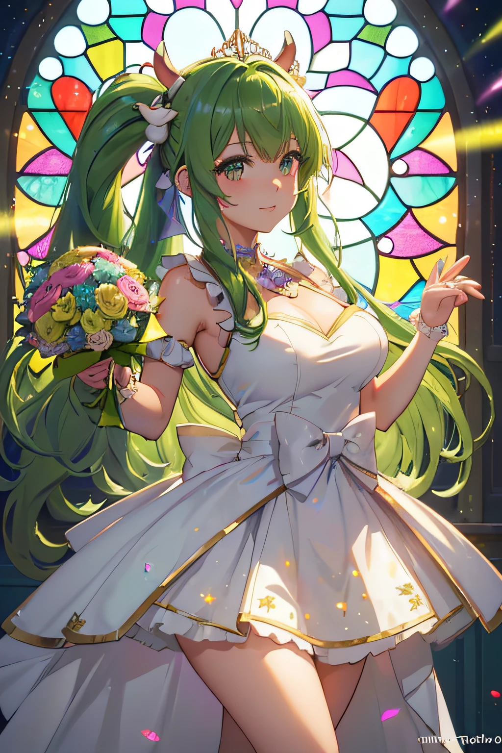 tchibi, (nendoroid), ((worst quality, low-quality)), ((banya, Cow Kenomimi girl)), Solo, (Bride Costume), (((Longhaire, poneyTail, Green hair,):1.3)), (Big breasts), Hair over one eye, plump shiny lips, Beautiful clear eyes, Spoken Heart, Leaning forward, (Dynamic Pose:1.2), (((Beautiful colorful flowers, 1 large bouquet,Hold it with both hands:1.2))), Confetti, (Stained glass window background), ((Shining sunlight)), (opal), (light Particle, light glow, llight rays:1.4), masutepiece,Best Quality,ultra-detailliert,