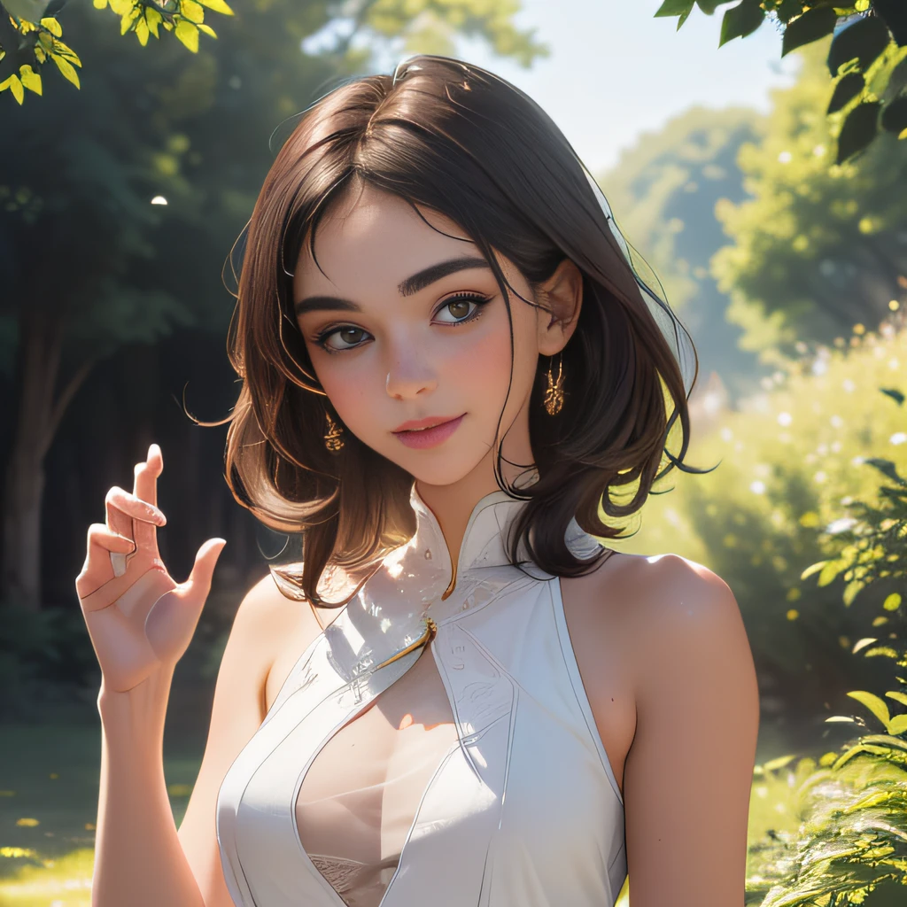 (Extremely detailed 8k wallpaper:2), (photo:2), (26 years old soigne Beautiful girl:2), (gives a lecture to friends:2), detailed (Face and eyes), (hyper realistic:1), (highly detailed:1), (epic realistic:1), rim light, (maximum details:1), cozy, (fullbody:1.3), (looking at viewer:2), (Woman's Attractive Qualities:2), (Attractive Woman:2), (Attractive:2), Smile, Intelligence, Empathy, Gracefulness, Sense of Style, Fitness, Grooming, Optimism, (Sensitivity:2), Sincerity, Romantic Gestures, Playfulness, Fashion Sense, (Sensuality:2), Charm, Modesty, Thoughtfulness, (Femininity:1), Flirtatiousness, Warmth, (Physical attractiveness:2), A beautiful smile, A love of life, strength and power, vulnerability, curiosity, wonder, love, (nature background:2), kawaii, waifu, Beautiful breasts, (attractive body:2), (Beautiful body:2), Beautiful pose, attractive pose, (Beautiful legs:1.0), (Beautiful clothes:1), (classic clothes:2), (elegant clothes:2), (European clothes:2), detailed clothes, (skirt:1), (blouse:1), (provocative pose)