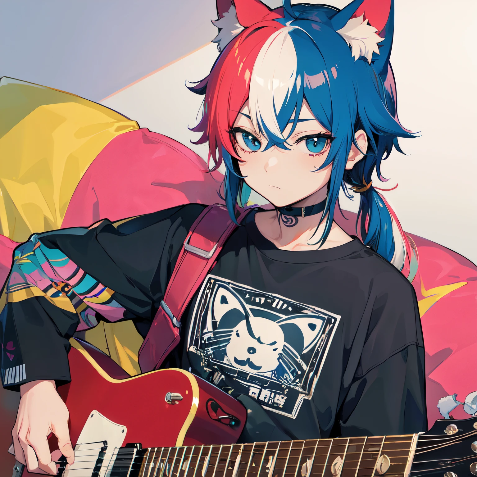 kemono1boy, rainbow large hair, face mask, full tattoo, T-shirt, playing electric guitar