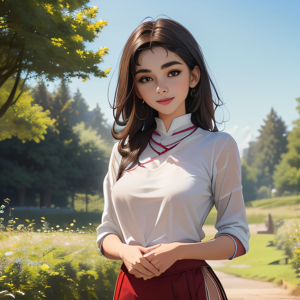 (Extremely detailed 8k wallpaper:2), (photo:2), (26 years old soigne Beautiful girl:2), (gives a lecture to friends:2), detailed (Face and eyes), (hyper realistic:1), (highly detailed:1), (epic realistic:1), rim light, (maximum details:1), cozy, (fullbody:1.3), (looking at viewer:2), (Woman's Attractive Qualities:2), (Attractive Woman:2), (Attractive:2), Smile, Intelligence, Empathy, Gracefulness, Sense of Style, Fitness, Grooming, Optimism, (Sensitivity:2), Sincerity, Romantic Gestures, Playfulness, Fashion Sense, (Sensuality:2), Charm, Modesty, Thoughtfulness, (Femininity:1), Flirtatiousness, Warmth, (Physical attractiveness:2), A beautiful smile, A love of life, strength and power, vulnerability, curiosity, wonder, love, (nature background:2), kawaii, waifu, Beautiful breasts, (attractive body:2), (Beautiful body:2), Beautiful pose, attractive pose, (Beautiful legs:1.0), (Beautiful clothes:1), (classic clothes:2), (elegant clothes:2), (European clothes:2), detailed clothes, (skirt:1), (blouse:1), (provocative pose)