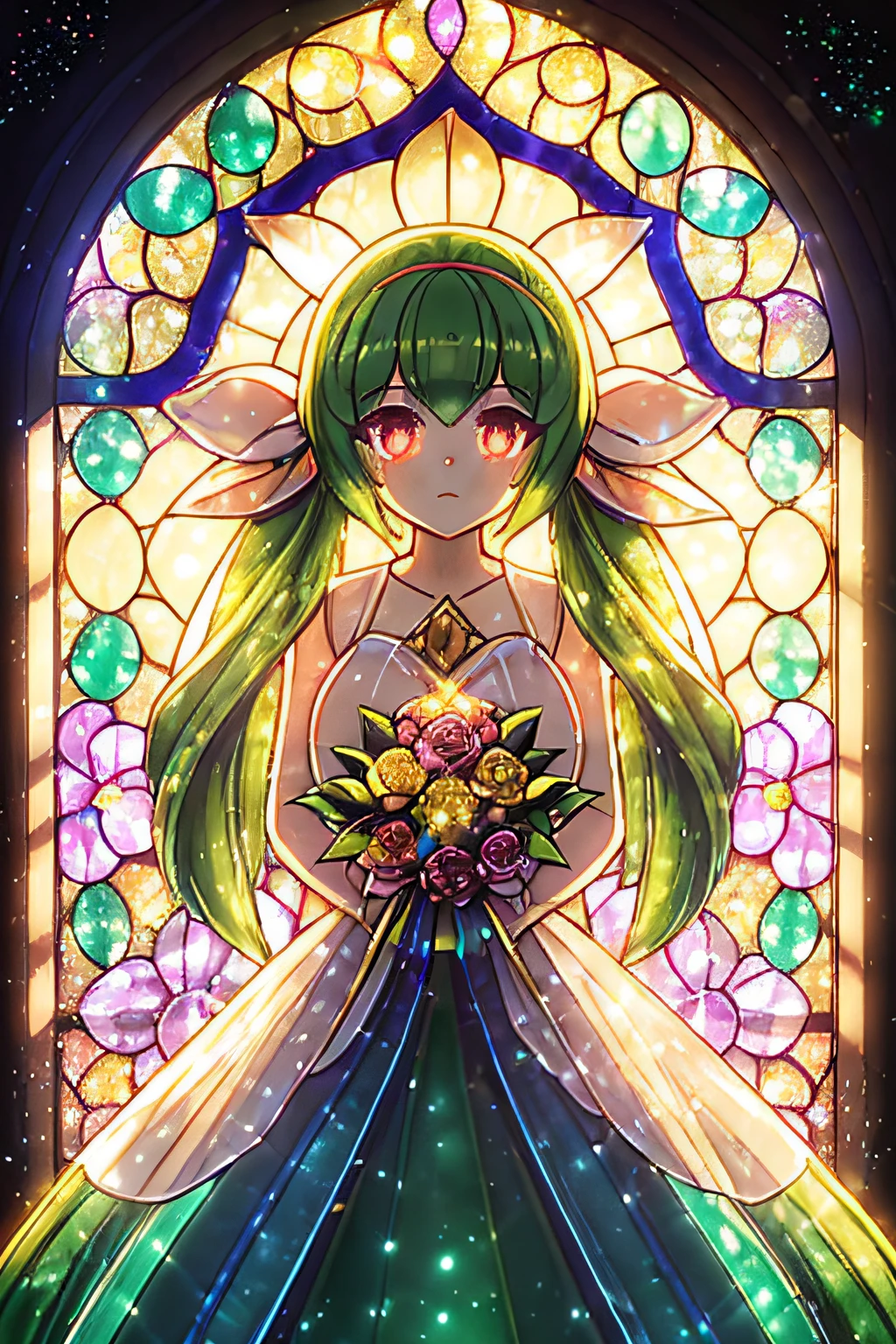 ((worst quality, low-quality)), ((banya, Cow Kenomimi girl)), Solo, (Bride Costume), (((Longhaire, poneyTail, Green hair,):1.3)), (Big breasts), Hair over one eye, plump shiny lips, Beautiful clear eyes, Spoken Heart, Leaning forward, (Dynamic Pose:1.2), (((Beautiful colorful flowers, 1 large bouquet,Hold it with both hands:1.2))), Confetti, (Stained glass window background), ((Shining sunlight)), (opal), (light Particle, light glow, llight rays:1.4), masutepiece,Best Quality,ultra-detailliert,