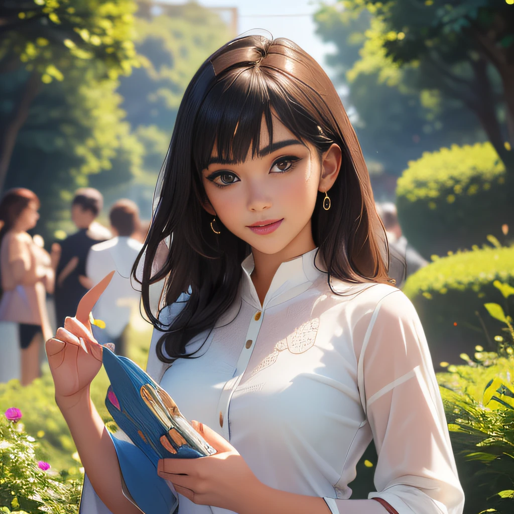 (Extremely detailed 8k wallpaper:2), (photo:2), (26 years old soigne Beautiful girl:2), (gives a lecture to friends:2), detailed (Face and eyes), (hyper realistic:1), (highly detailed:1), (epic realistic:1), rim light, (maximum details:1), cozy, (fullbody:1.3), (looking at viewer:2), (Woman's Attractive Qualities:2), (Attractive Woman:2), (Attractive:2), Smile, Intelligence, Empathy, Gracefulness, Sense of Style, Fitness, Grooming, Optimism, (Sensitivity:2), Sincerity, Romantic Gestures, Playfulness, Fashion Sense, (Sensuality:2), Charm, Modesty, Thoughtfulness, (Femininity:1), Flirtatiousness, Warmth, (Physical attractiveness:2), A beautiful smile, A love of life, strength and power, vulnerability, curiosity, wonder, love, (nature background:2), kawaii, waifu, Beautiful breasts, (attractive body:2), (Beautiful body:2), Beautiful pose, attractive pose, (Beautiful legs:1.0), (Beautiful clothes:1), (classic clothes:2), (elegant clothes:2), (European clothes:2), detailed clothes, (skirt:1), (blouse:1), (provocative pose)