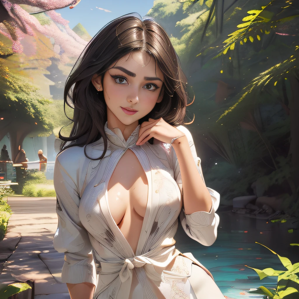 (Extremely detailed 8k wallpaper:2), (photo:2), (26 years old soigne Beautiful girl:2), (gives a lecture to friends:2), detailed (Face and eyes), (hyper realistic:1), (highly detailed:1), (epic realistic:1), rim light, (maximum details:1), cozy, (fullbody:1.3), (looking at viewer:2), (Woman's Attractive Qualities:2), (Attractive Woman:2), (Attractive:2), Smile, Intelligence, Empathy, Gracefulness, Sense of Style, Fitness, Grooming, Optimism, (Sensitivity:2), Sincerity, Romantic Gestures, Playfulness, Fashion Sense, (Sensuality:2), Charm, Modesty, Thoughtfulness, (Femininity:1), Flirtatiousness, Warmth, (Physical attractiveness:2), A beautiful smile, A love of life, strength and power, vulnerability, curiosity, wonder, love, (nature background:2), kawaii, waifu, Beautiful breasts, (attractive body:2), (Beautiful body:2), Beautiful pose, attractive pose, (Beautiful legs:1.0), (Beautiful clothes:1), (classic clothes:2), (elegant clothes:2), (European clothes:2), detailed clothes, (skirt:1), (blouse:1), (provocative pose)