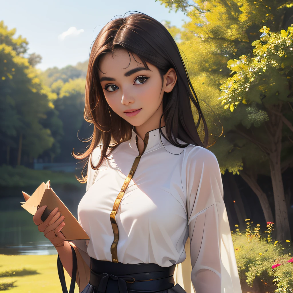(Extremely detailed 8k wallpaper:2), (photo:2), (26 years old soigne Beautiful girl:2), (gives a lecture to friends:2), detailed (Face and eyes), (hyper realistic:1), (highly detailed:1), (epic realistic:1), rim light, (maximum details:1), cozy, (fullbody:1.3), (looking at viewer:2), (Woman's Attractive Qualities:2), (Attractive Woman:2), (Attractive:2), Smile, Intelligence, Empathy, Gracefulness, Sense of Style, Fitness, Grooming, Optimism, (Sensitivity:2), Sincerity, Romantic Gestures, Playfulness, Fashion Sense, (Sensuality:2), Charm, Modesty, Thoughtfulness, (Femininity:1), Flirtatiousness, Warmth, (Physical attractiveness:2), A beautiful smile, A love of life, strength and power, vulnerability, curiosity, wonder, love, (nature background:2), kawaii, waifu, Beautiful breasts, (attractive body:2), (Beautiful body:2), Beautiful pose, attractive pose, (Beautiful legs:1.0), (Beautiful clothes:1), (classic clothes:2), (elegant clothes:2), (European clothes:2), detailed clothes, (skirt:1), (blouse:1), (provocative pose)