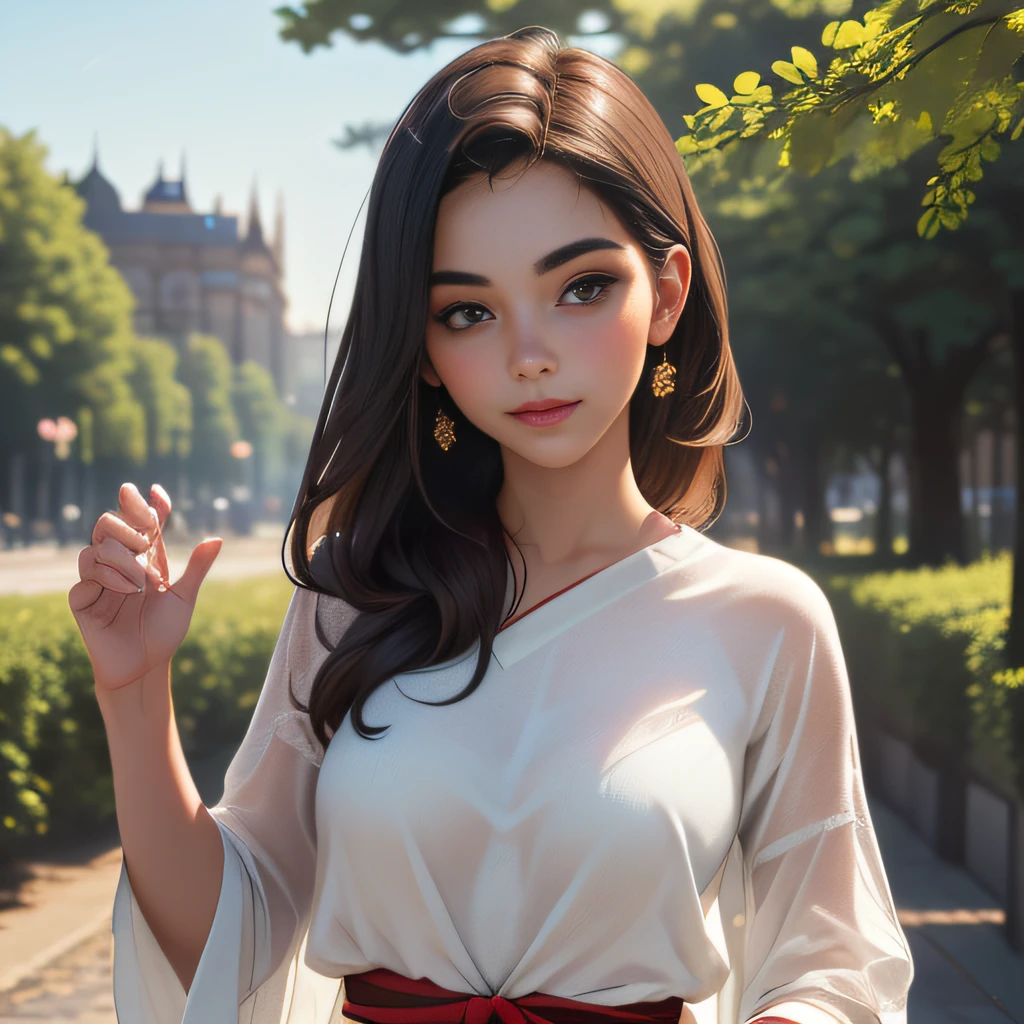 (Extremely detailed 8k wallpaper:2), (photo:2), (26 years old soigne Beautiful girl:2), (gives a lecture to friends:2), detailed (Face and eyes), (hyper realistic:1), (highly detailed:1), (epic realistic:1), rim light, (maximum details:1), cozy, (fullbody:1.3), (looking at viewer:2), (Woman's Attractive Qualities:2), (Attractive Woman:2), (Attractive:2), Smile, Intelligence, Empathy, Gracefulness, Sense of Style, Fitness, Grooming, Optimism, (Sensitivity:2), Sincerity, Romantic Gestures, Playfulness, Fashion Sense, (Sensuality:2), Charm, Modesty, Thoughtfulness, (Femininity:1), Flirtatiousness, Warmth, (Physical attractiveness:2), A beautiful smile, A love of life, strength and power, vulnerability, curiosity, wonder, love, (nature background:2), kawaii, waifu, Beautiful breasts, (attractive body:2), (Beautiful body:2), Beautiful pose, attractive pose, (Beautiful legs:1.0), (Beautiful clothes:1), (classic clothes:2), (elegant clothes:2), (European clothes:2), detailed clothes, (skirt:1), (blouse:1), (provocative pose)
