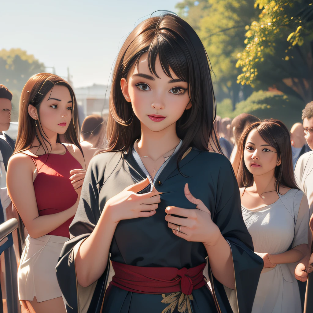 masterpiece, best quality, photorealistic, portrait of young women, smiling, naked with scarf only, in front of crowd --auto --s2