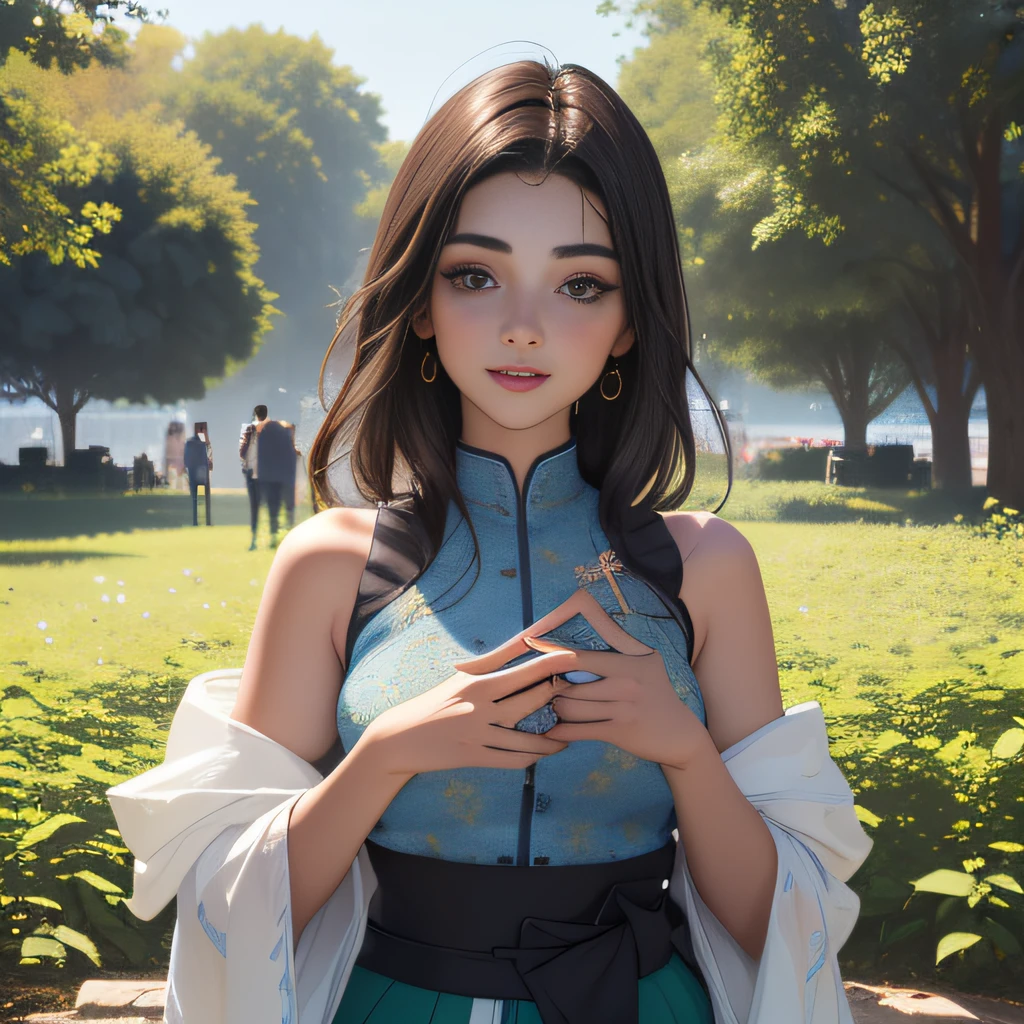 (Extremely detailed 8k wallpaper:2), (photo:2), (26 years old soigne Beautiful girl:2), (gives a lecture to friends:2), detailed (Face and eyes), (hyper realistic:1), (highly detailed:1), (epic realistic:1), rim light, (maximum details:1), cozy, (fullbody:1.3), (looking at viewer:2), (Woman's Attractive Qualities:2), (Attractive Woman:2), (Attractive:2), Smile, Intelligence, Empathy, Gracefulness, Sense of Style, Fitness, Grooming, Optimism, (Sensitivity:2), Sincerity, Romantic Gestures, Playfulness, Fashion Sense, (Sensuality:2), Charm, Modesty, Thoughtfulness, (Femininity:1), Flirtatiousness, Warmth, (Physical attractiveness:2), A beautiful smile, A love of life, strength and power, vulnerability, curiosity, wonder, love, (nature background:2), kawaii, waifu, Beautiful breasts, (attractive body:2), (Beautiful body:2), Beautiful pose, attractive pose, (Beautiful legs:1.0), (Beautiful clothes:1), (classic clothes:2), (elegant clothes:2), (European clothes:2), detailed clothes, (skirt:1), (blouse:1), (provocative pose)