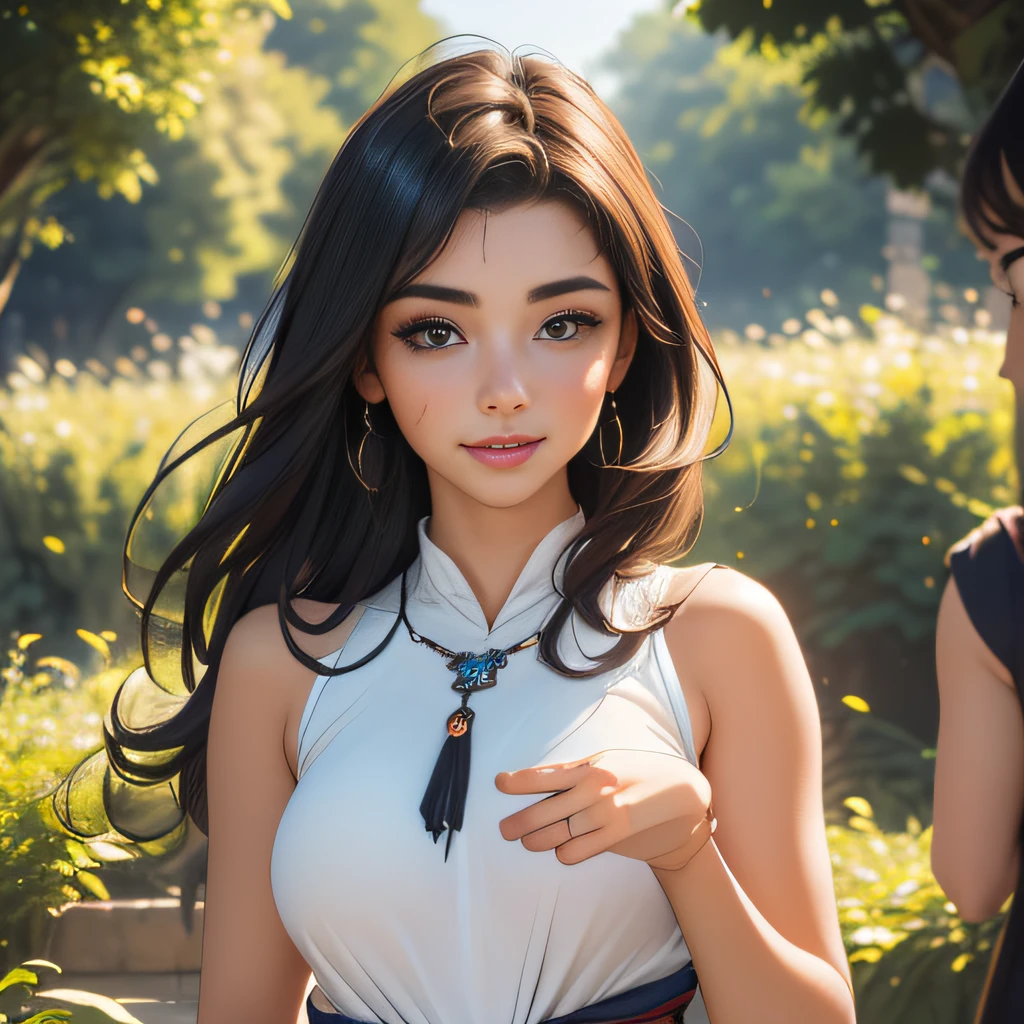 (Extremely detailed 8k wallpaper:2), (photo:2), (26 years old soigne Beautiful girl:2), (gives a lecture to friends:2), detailed (Face and eyes), (hyper realistic:1), (highly detailed:1), (epic realistic:1), rim light, (maximum details:1), cozy, (fullbody:1.3), (looking at viewer:2), (Woman's Attractive Qualities:2), (Attractive Woman:2), (Attractive:2), Smile, Intelligence, Empathy, Gracefulness, Sense of Style, Fitness, Grooming, Optimism, (Sensitivity:2), Sincerity, Romantic Gestures, Playfulness, Fashion Sense, (Sensuality:2), Charm, Modesty, Thoughtfulness, (Femininity:1), Flirtatiousness, Warmth, (Physical attractiveness:2), A beautiful smile, A love of life, strength and power, vulnerability, curiosity, wonder, love, (nature background:2), kawaii, waifu, Beautiful breasts, (attractive body:2), (Beautiful body:2), Beautiful pose, attractive pose, (Beautiful legs:1.0), (Beautiful clothes:1), (classic clothes:2), (elegant clothes:2), (European clothes:2), detailed clothes, (skirt:1), (blouse:1), (provocative pose)