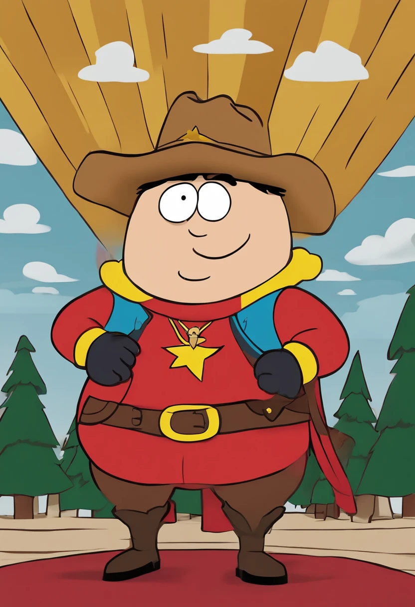 A picture of Cartman dressed in a cowboy hat and boots, riding a mechanical bull and looking determined,South Park,Eric Cartman, a character from the animated TV series “South Park,” is easily recognizable with his round, chubby figure, often clad in a red jacket, yellow mittens, and a blue hat with a yellow pompom. His small, beady eyes and often smug expression reflect his mischievous and sometimes malevolent personality.