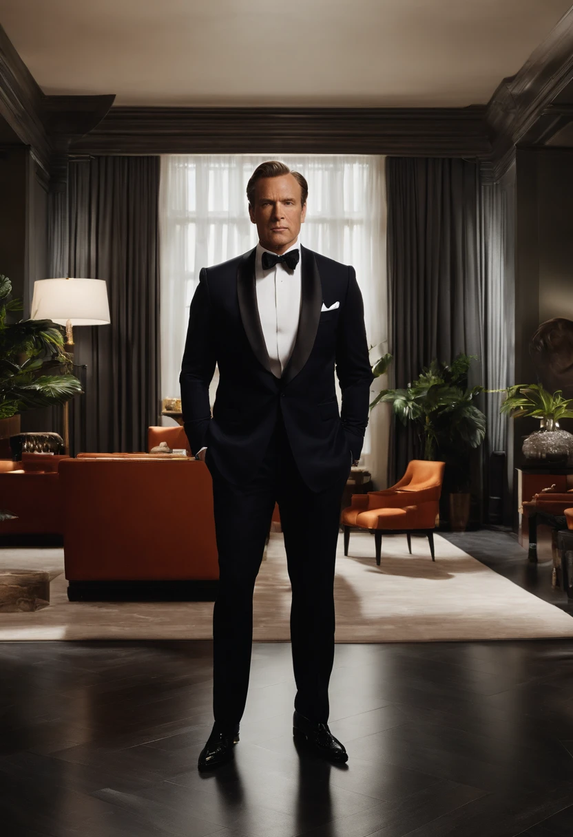 A private screening room with plush seating and state-of-the-art technology.,original,A towering figure in Hollywood, exudes an intimidating presence with his broad shoulders and piercing gaze, often seen in impeccably tailored suits that signal his power and status. His face, marked by deep lines and a permanent scowl, reflects years of ruthless deal-making and dominance in the film industry.