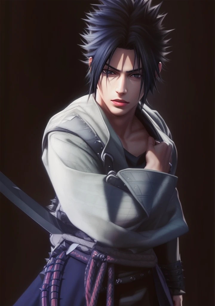 young man, porcelain skin, black eyes, short black spiky hair, big lips, black clothes, Sasuke Uchiha, realism, 3d, sword