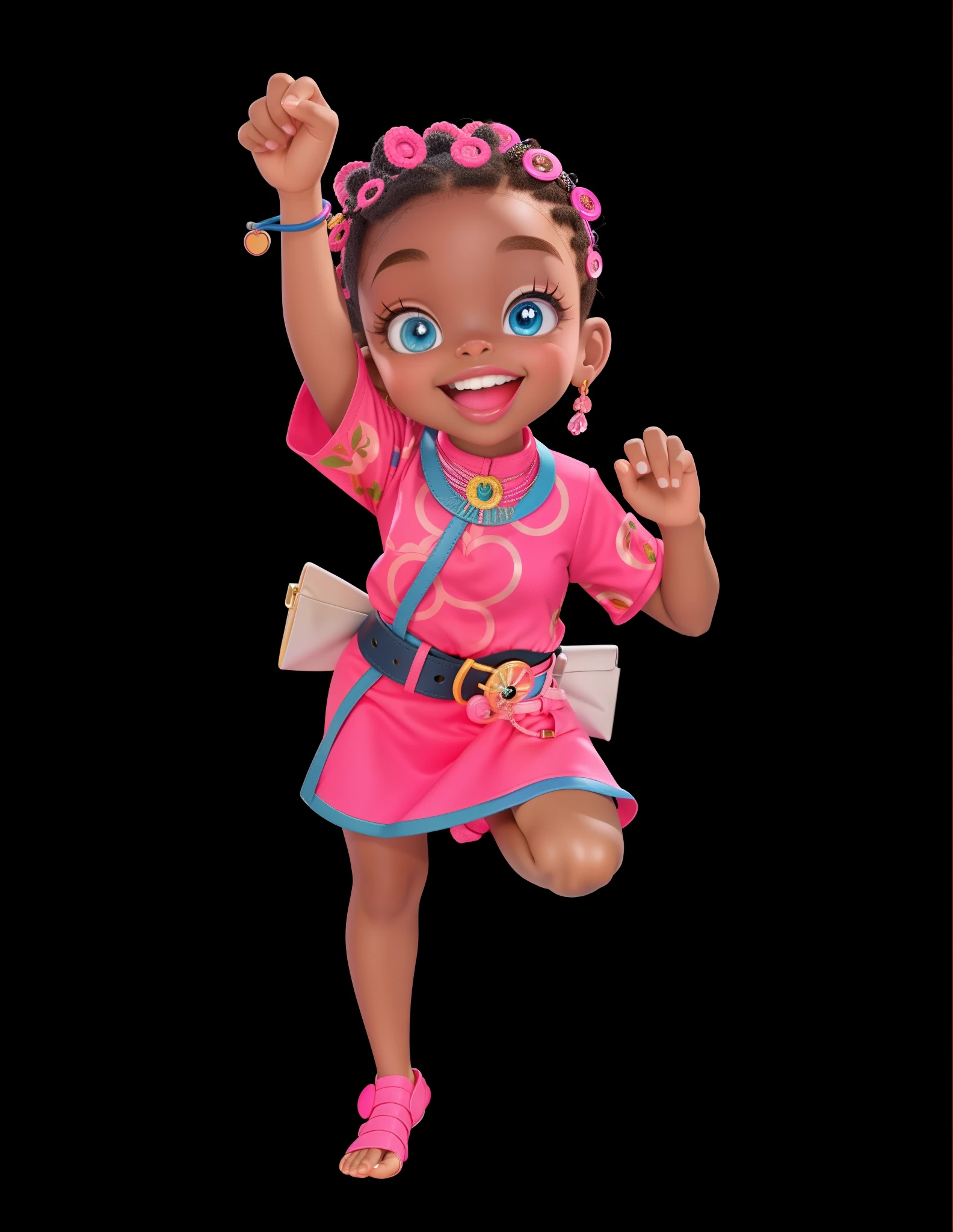 cartoon girl in a pink dress with a black belt and a pink purse, animation character, childrens art in artstation, dancing character, super cute funky black girl, african american girl, character posing, light skinned african young girl, cute character, disney character, cartoon character, stylized character, toon rendering, disney character style, character is in her natural pose