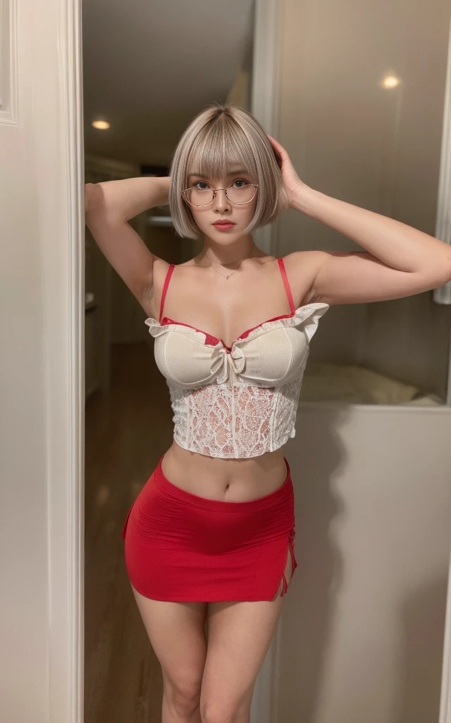 (Best quality, Masterpiece, colourfull, Angle dynamique, Most Detailed), young blonde thin girl, she use a glass, really short hair, dark  she smiled to the viewer, She wears a corset with red and dark red bows, (she is wet), near view from below, transparent outfit, cameltoe, nipple, hard nipples, huge breasts, nipples, (areola), naked, (nsfw:1.275), on bed, wide open legs,