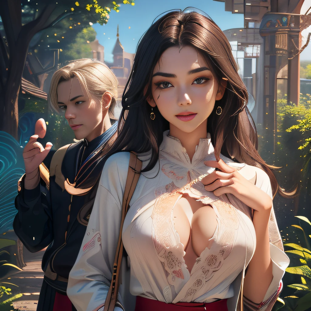 (Extremely detailed 8k wallpaper:2), (photo:2), (26 years old soigne Beautiful girl:2), (gives a lecture to friends:2), detailed (Face and eyes), (hyper realistic:1), (highly detailed:1), (epic realistic:1), rim light, (maximum details:1), cozy, (fullbody:1.3), (looking at viewer:2), (Woman's Attractive Qualities:2), (Attractive Woman:2), (Attractive:2), Smile, Intelligence, Empathy, Gracefulness, Sense of Style, Fitness, Grooming, Optimism, (Sensitivity:2), Sincerity, Romantic Gestures, Playfulness, Fashion Sense, (Sensuality:2), Charm, Modesty, Thoughtfulness, (Femininity:1), Flirtatiousness, Warmth, (Physical attractiveness:2), A beautiful smile, A love of life, strength and power, vulnerability, curiosity, wonder, love, (nature background:2), kawaii, waifu, Beautiful breasts, (attractive body:2), (Beautiful body:2), Beautiful pose, attractive pose, (Beautiful legs:1.0), (Beautiful clothes:1), (classic clothes:2), (elegant clothes:2), (European clothes:2), detailed clothes, (skirt:1), (blouse:1), (provocative pose)