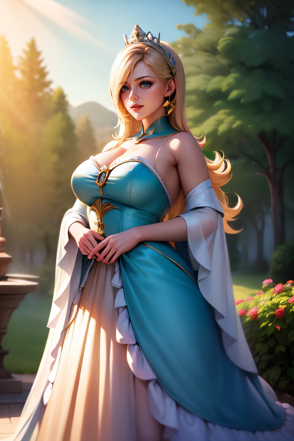 best quality,ultra-detailed,realistic,vivid colors,sharp focus,portrait,light and shadow,the garden scenery in the background,sunshine filtering through the leaves,a soft and gentle lighting,sweet smile,subtle blush on her cheeks,long flowing blonde hair,delicate crown on her head,golden embroidery on the blue dress,fluttering and translucent fabric,lively and vibrant luma dancing around her,meticulously painted flowers and plants,elaborate lace patterns on the dress,meticulously shaped eyes and eyebrows,pink lips with a touch of gloss,great attention to detail in facial features,elegant posture in a slight breeze,graceful and confident stance,straight posture with a slight backward tilt,sparkling blue eyes,expressive facial expression,charming and captivating appearance.