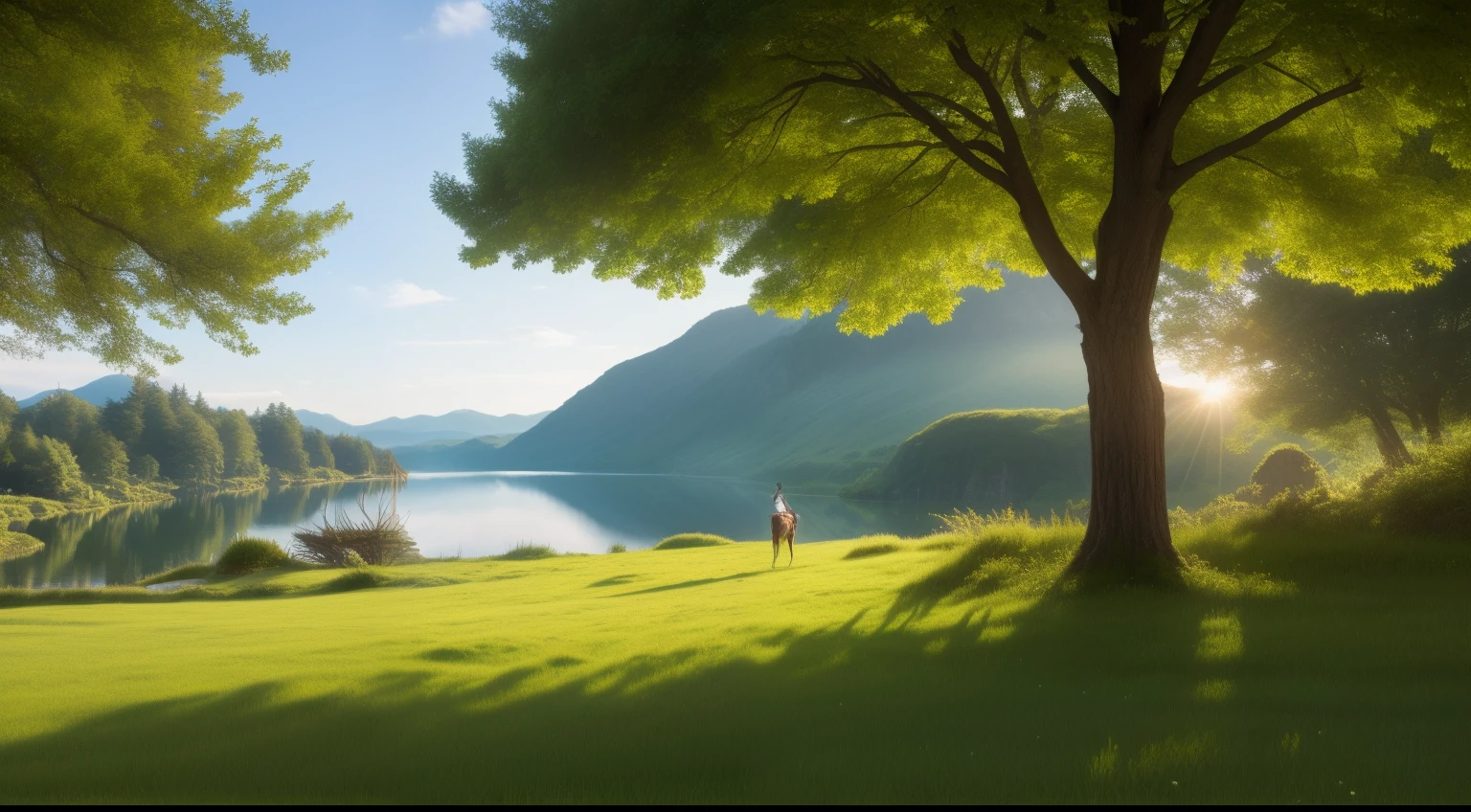 (extremely detailed 8k CG wallpaper),(((Masterpiece))), (((Best quality))), The image shows a vibrant and colorful fantasy landscape. In the foreground, a character in a green robe and a pointed hat holds a sword, looking towards a majestic castle in the distance. The castle is surrounded by lush vegetation and is reflected in a calm lake that separates the character from the castle. A deer calmly grazes near the tree on the left. The image has a magical and serene atmosphere, evoking a sense of adventure.