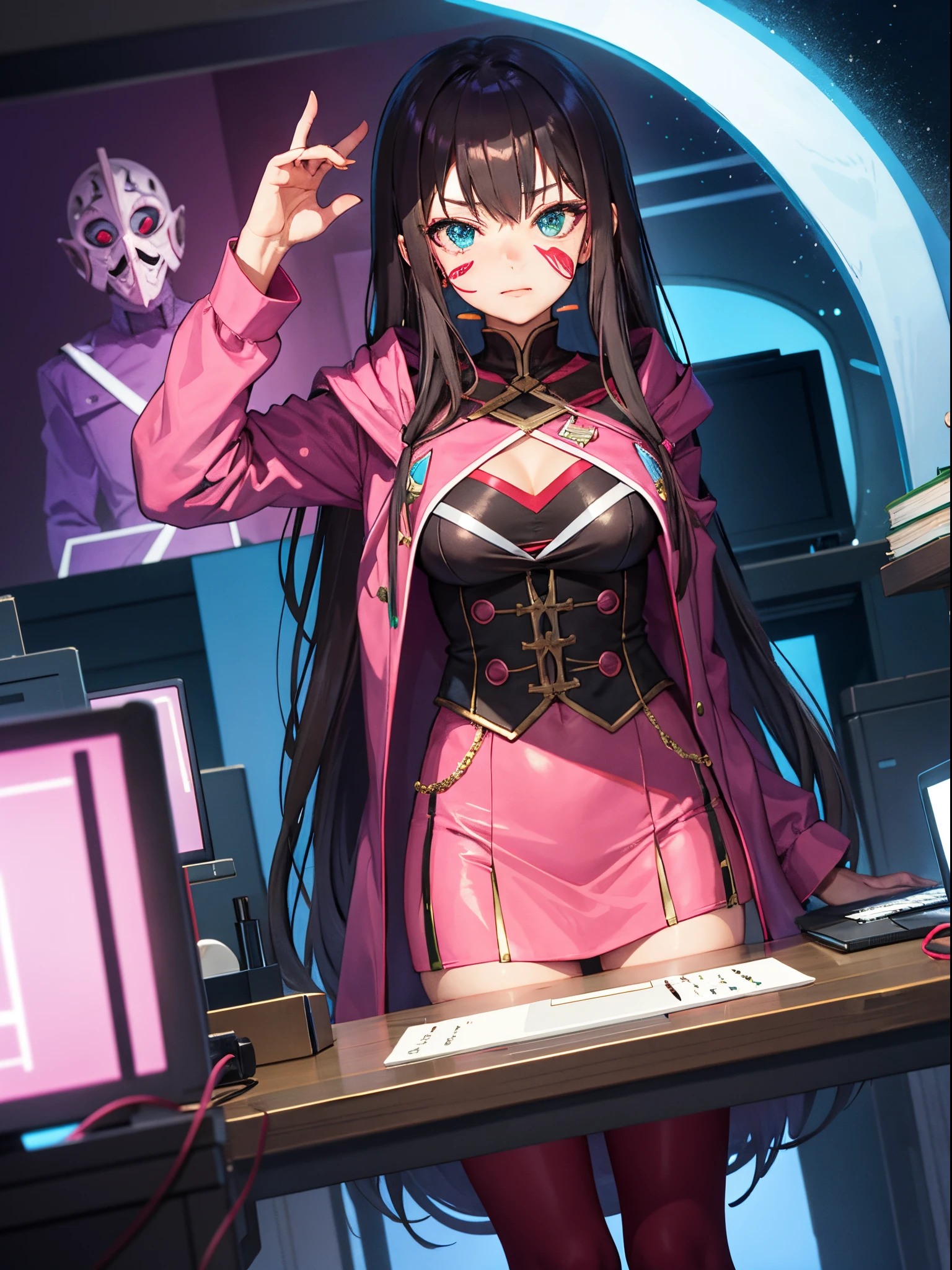 A heroine hiding in her lair, Dressed in pink costume and a mask on his face looking at his computer scared