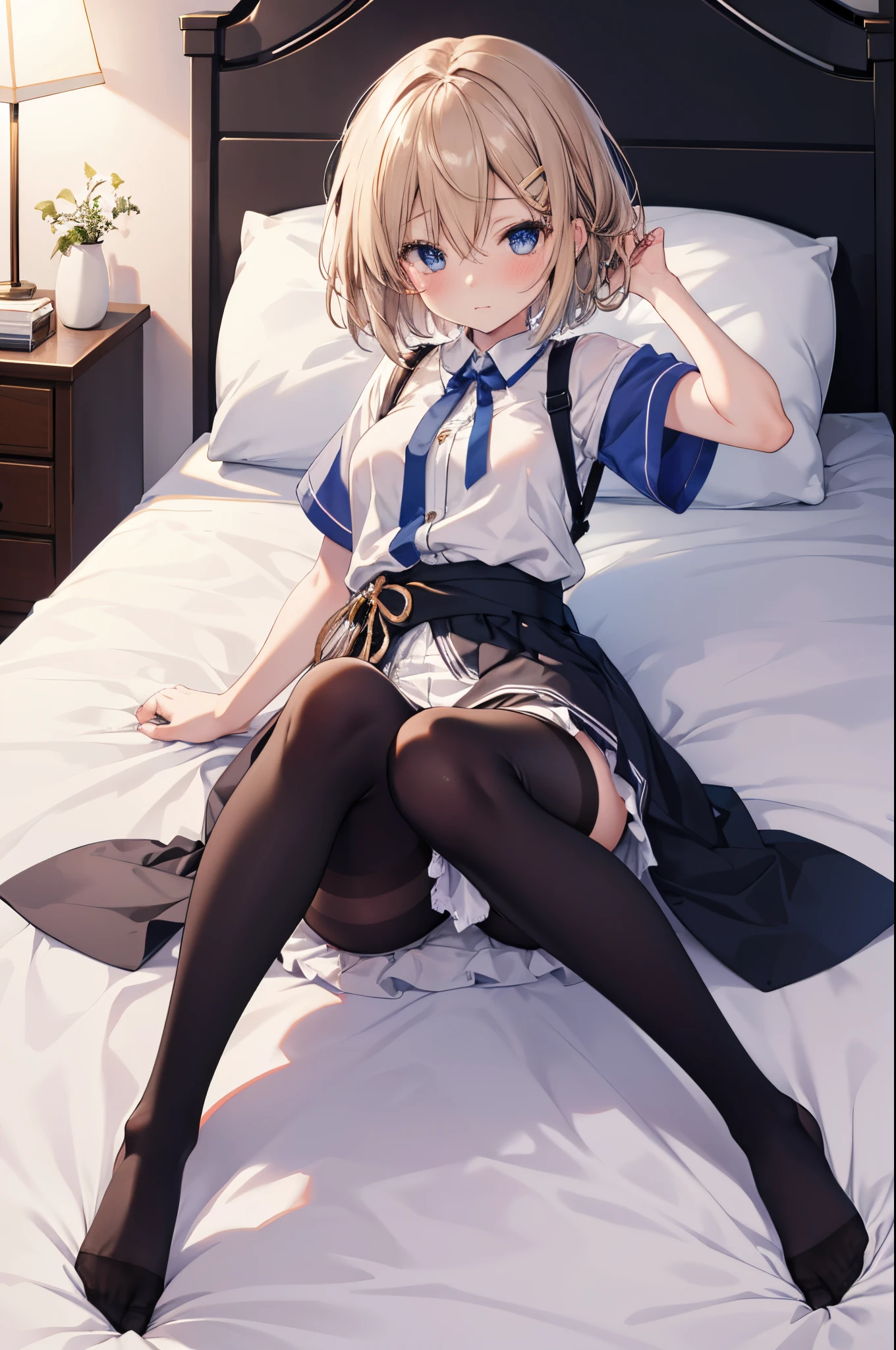 Hamakaze、Japanese 16 year old girl with slim body、独奏、Full body portrait from head to toe、small tits、long light brown hair、blue eyess、Red face、Embarrassed look、White short-sleeved open-collar shirt、Black pantyhose、Black tights、black pantyhose、Black Knee High Socks、white panties、No shoes on、lying on the bed、Pose with hands hidden behind your back、Open legs、White panties are visible、bedroom、inside in room、during daytime