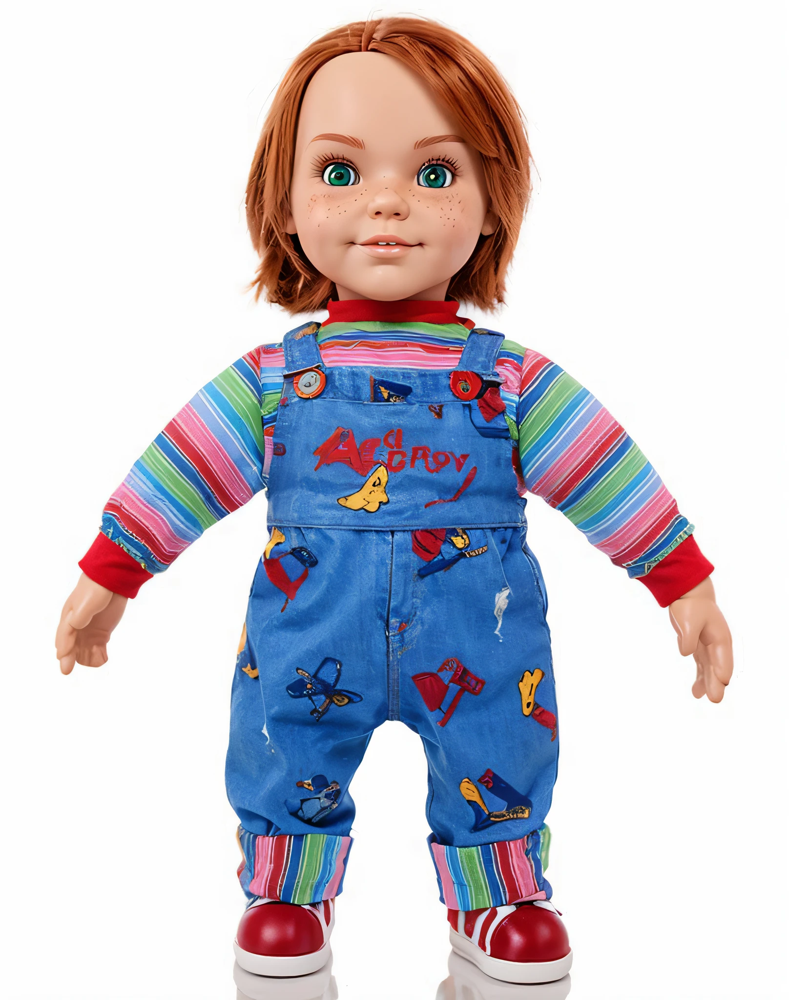 Create a doll with brown hair and green eyes inspired by the Chucky doll, in high definition, 300 dpi with no background.