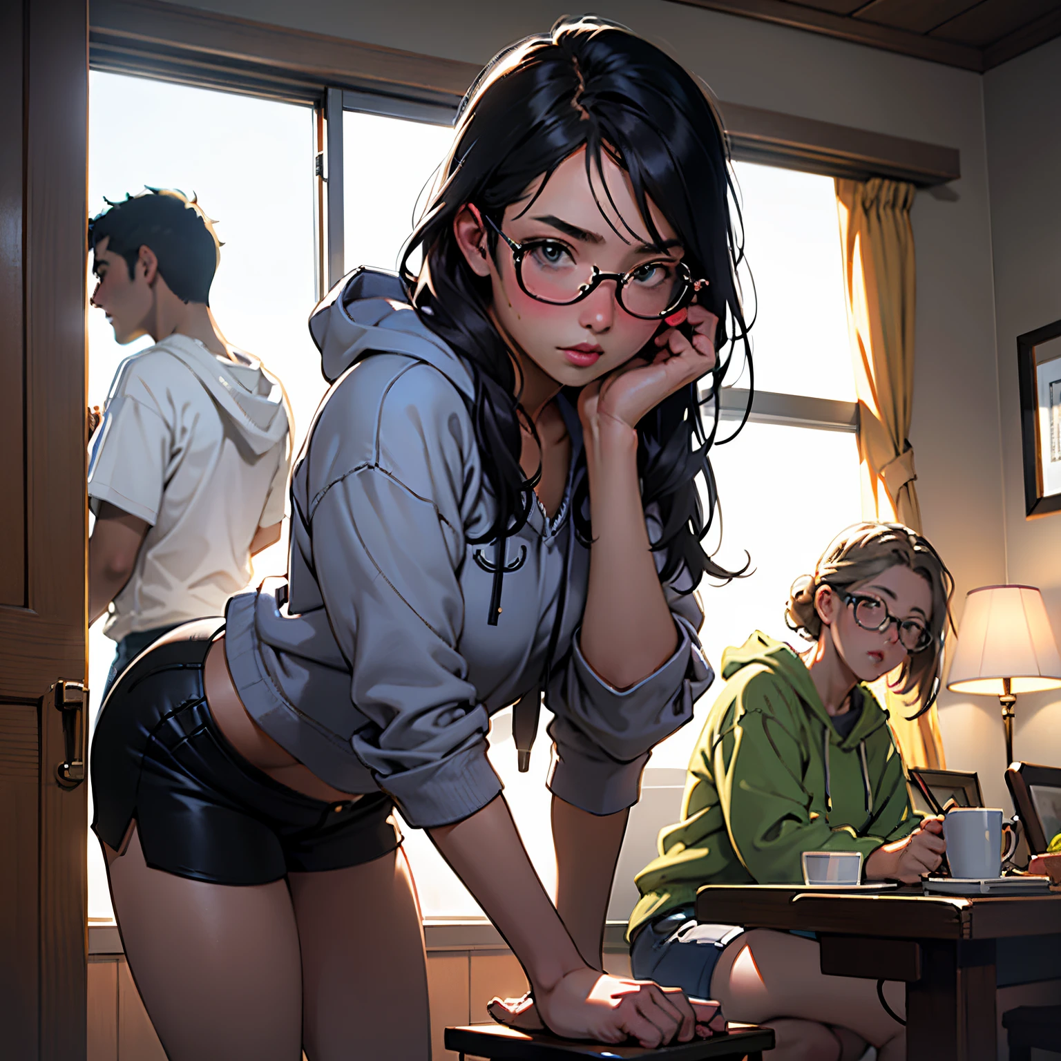 6 innocent and innocent European girls celebrating a sexy sorority party in hoodies and shorts, BrookeMonk, riendo juntos mientras se emborrachan, sexy, beautiful little girlente, alumno detallado, algunas con gafas, ojos expresivos, Casey Baugh, Michael Garmash, Sophie Anderson, Hasui Kawase, maquillaje, real photograph, aspecto moderno, real photograph (Realisitc:1.5)