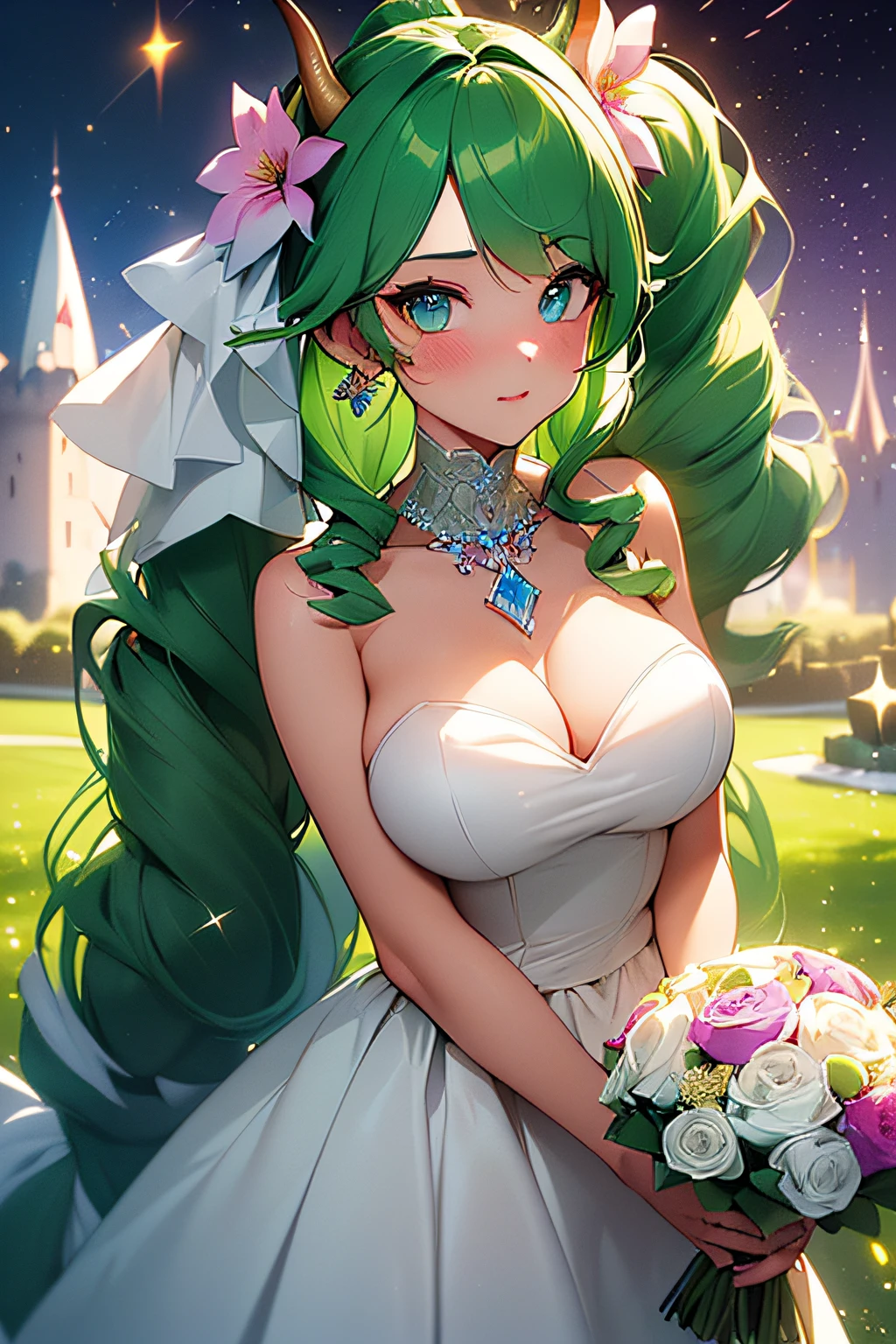 ((worst quality, low-quality)), ((banya, Cow Kenomimi girl)), Solo, (wedding dress), (((Longhaire, poneyTail, Green hair,):1.3)), (Big breasts), Hair over one eye, plump shiny lips, Beautiful clear eyes, Spoken Heart, Leaning forward, (Dynamic Pose:1.2), (((Beautiful colorful flowers, 1 large bouquet,Hold it with both hands:1.2))), Confetti, (Moon and majestic castle background), ((Shining moonlight)), (opal), (light Particle, light glow, llight rays:1.4), masutepiece,Best Quality,ultra-detailliert,